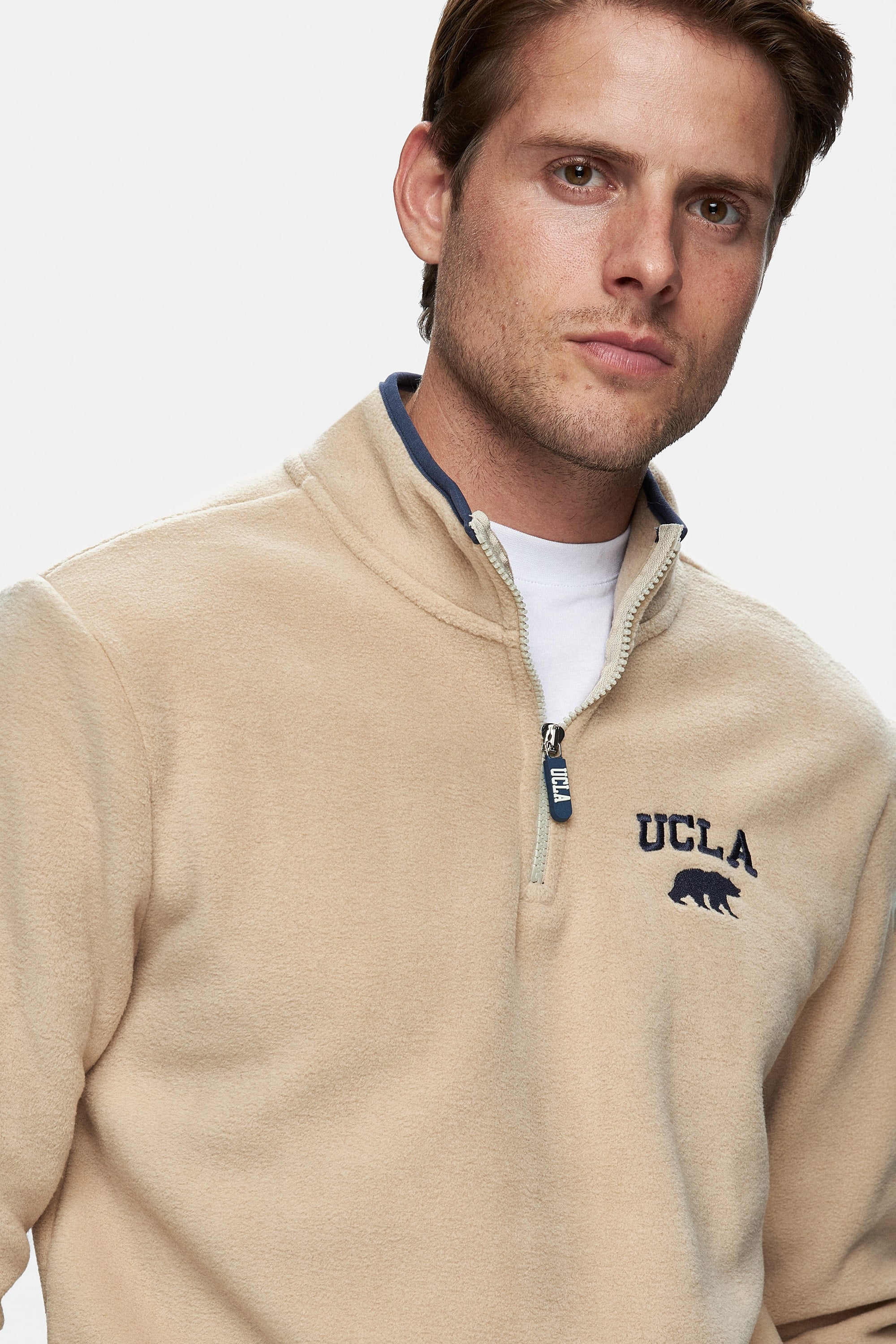 CORNING Koyu Bej Yarım Fermuarlı Nakışlı Polar Dik Yaka Standard Fit Erkek Sweatshirt