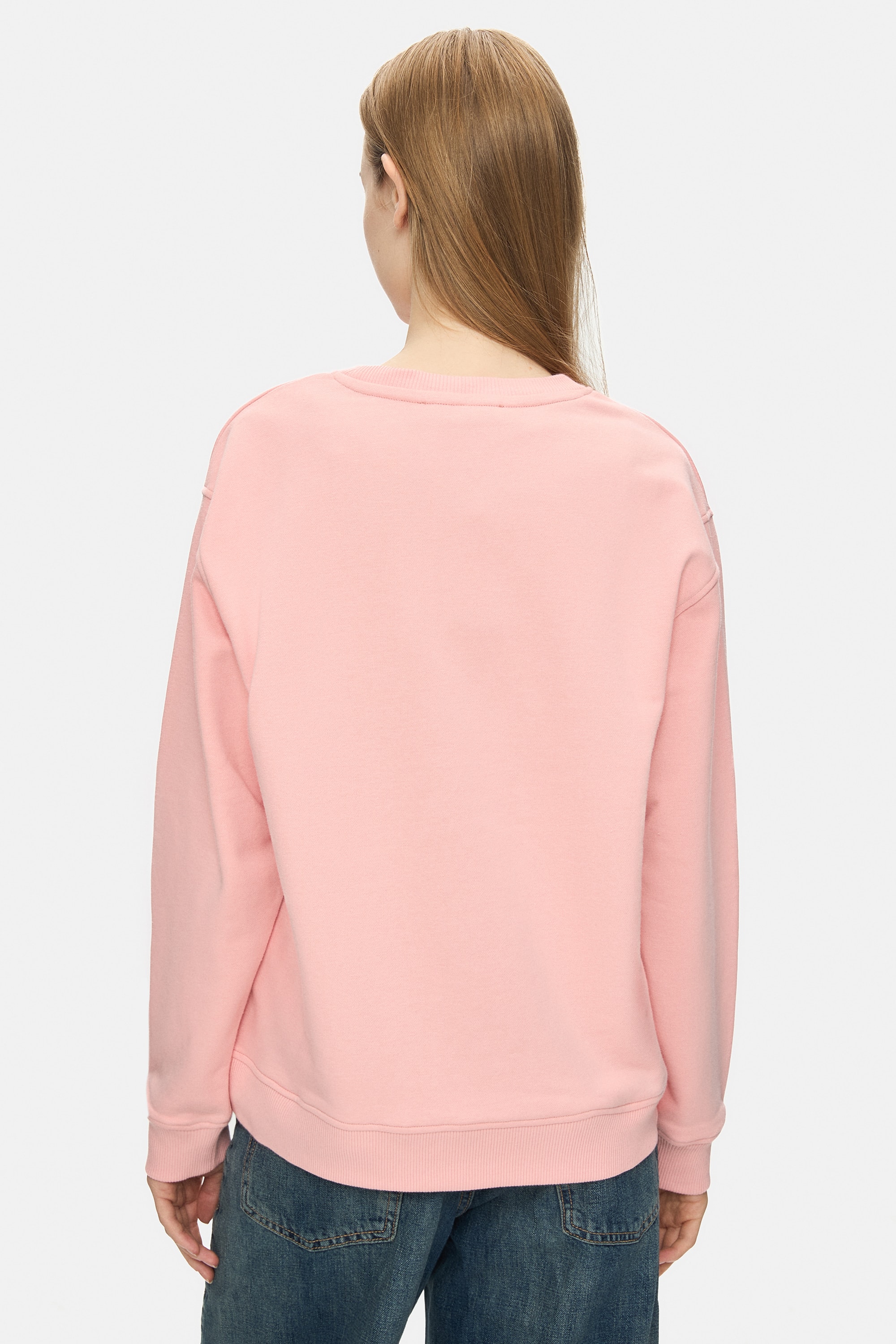 SUNNIVA Pembe Bisiklet Yaka Nakışlı Loose Fit Kadın Sweatshirt