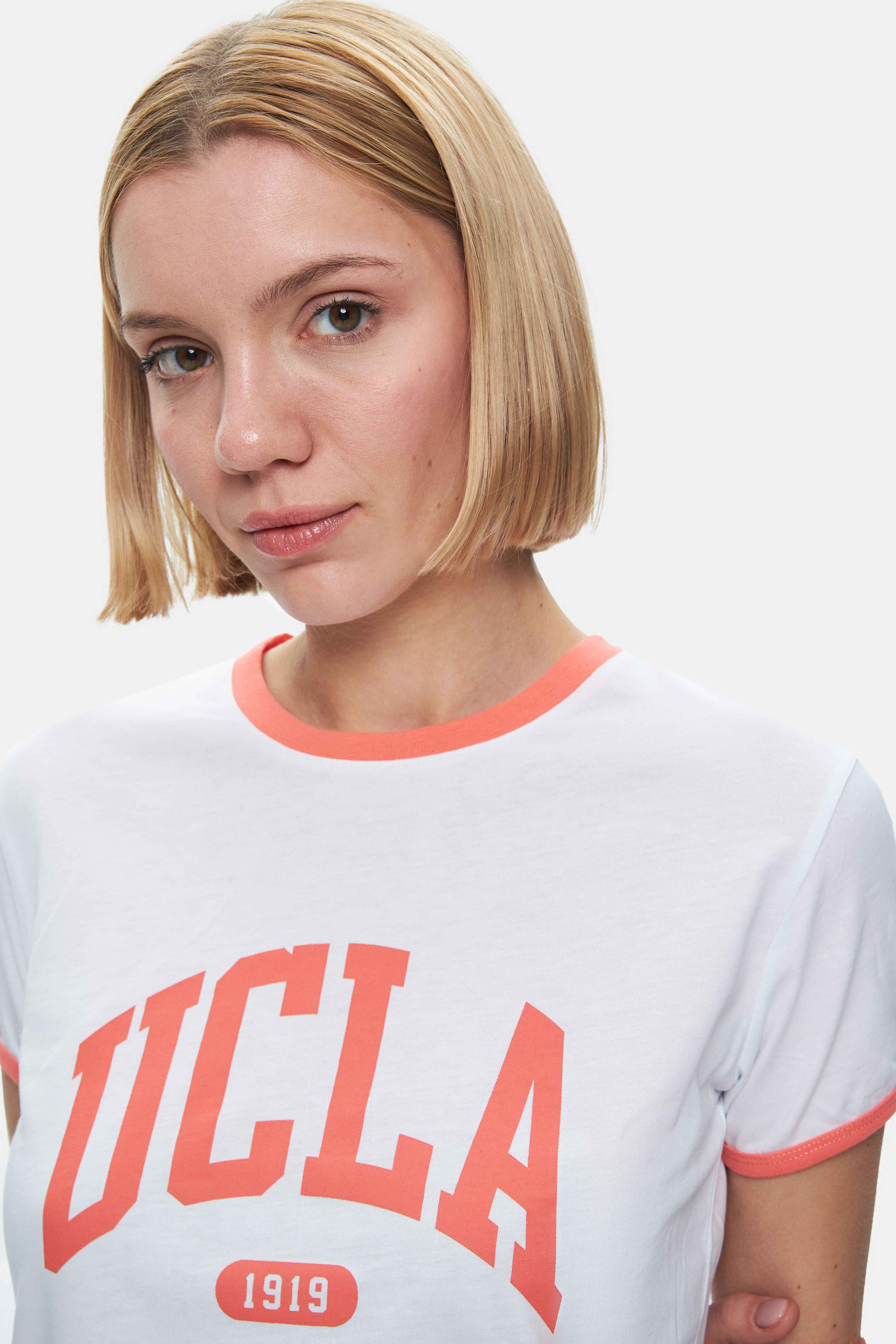 SAVANNAH Beyaz Bisiklet Yaka Baskılı Standard Fit Kadın Tshirt