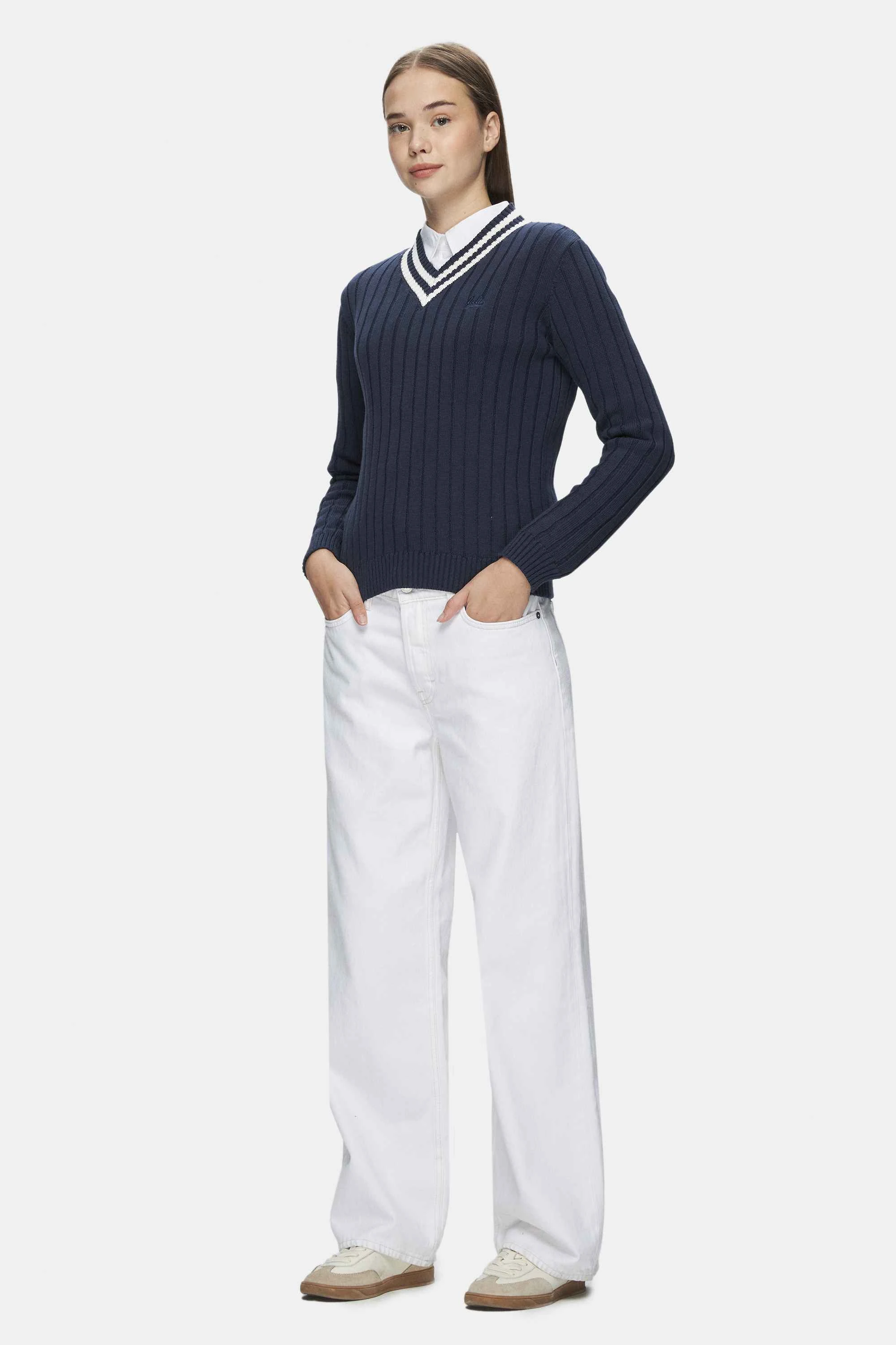 PINELLAS Lacivert V Yaka Jakarlı Standard Fit Kadın Triko