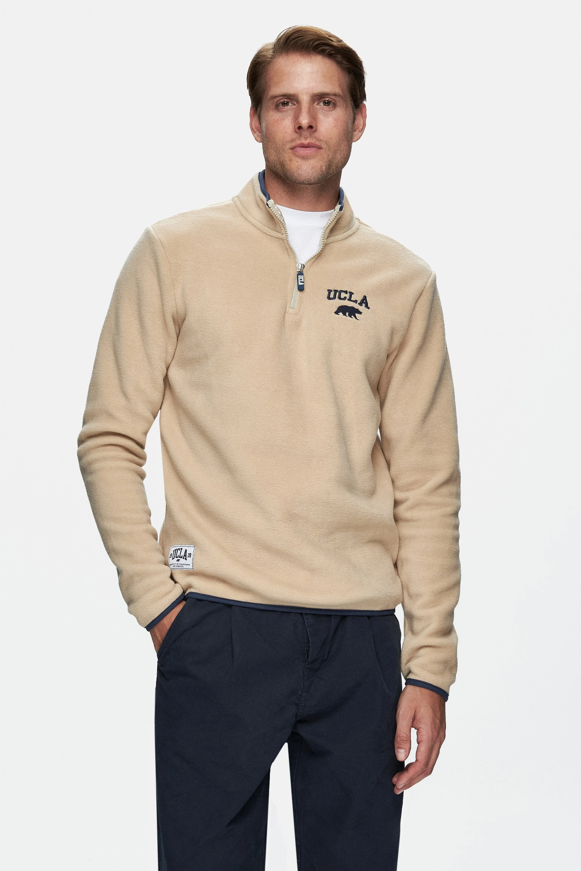 CORNING Koyu Bej Yarım Fermuarlı Nakışlı Polar Dik Yaka Standard Fit Erkek Sweatshirt