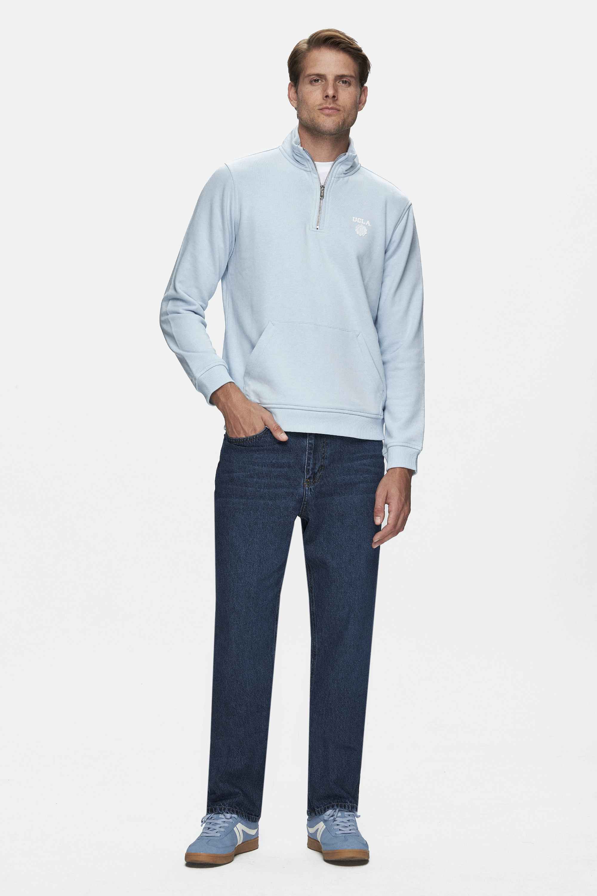 LEON Mavi Yarım Fermuar Baskılı Dik Yaka Standard Fit Erkek Sweatshirt