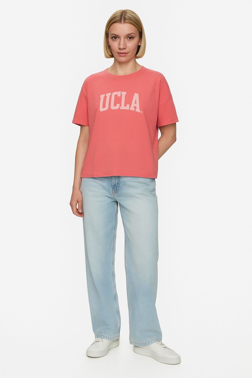EVERLEE Sıcak Pembe Bisiklet Yaka Taş Yıkama Baskılı Loose Fit Kadın Tshirt