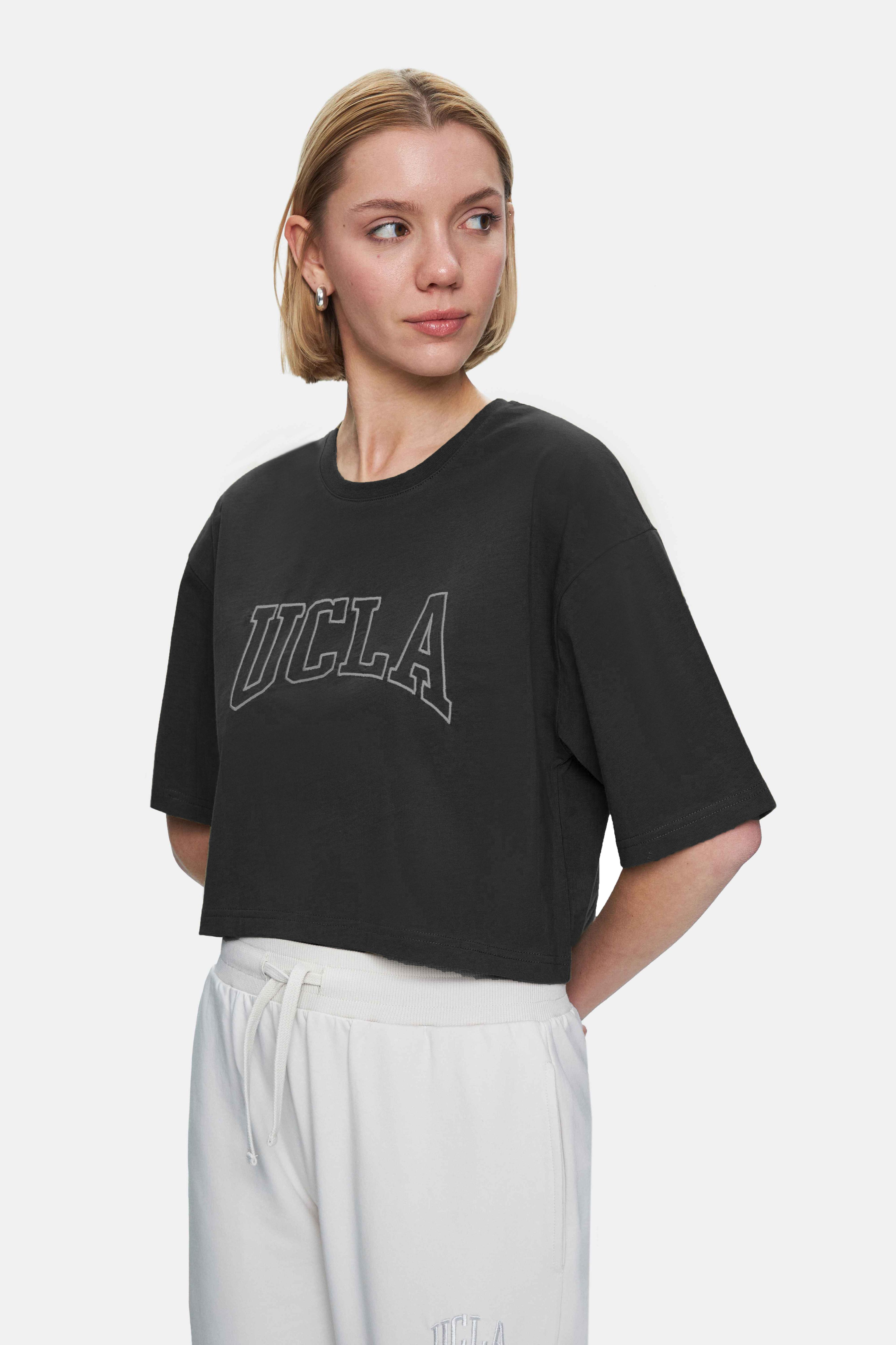 HELENA Antrasit Bisiklet Yaka Oversize Kadın Tshirt