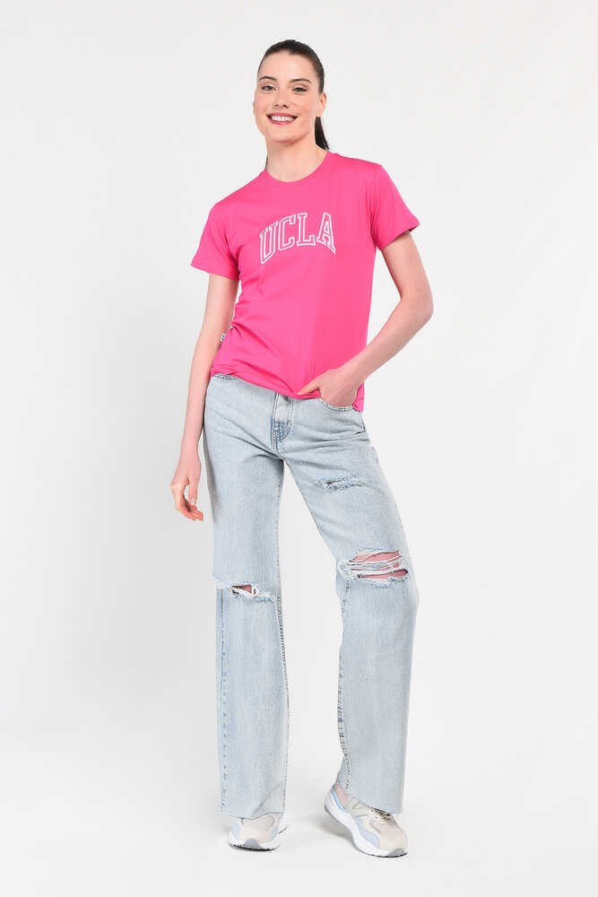 ANGELA Pembe Bisiklet Yaka Nakışlı Standard Fit Kadın Tshirt