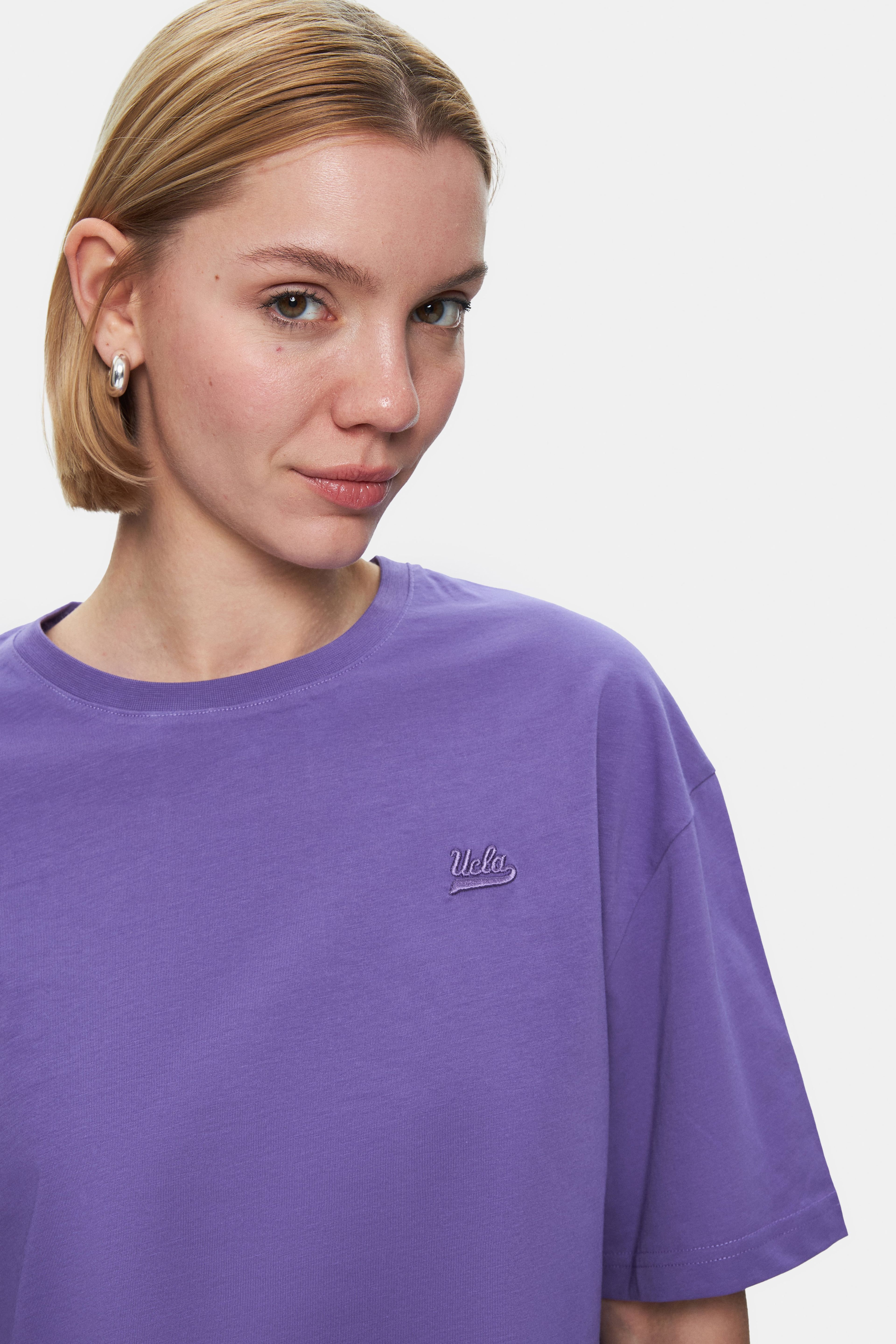 INDIANA Mor Bisiklet Yaka Crop Baskılı Loose Fit Kadın Tshirt