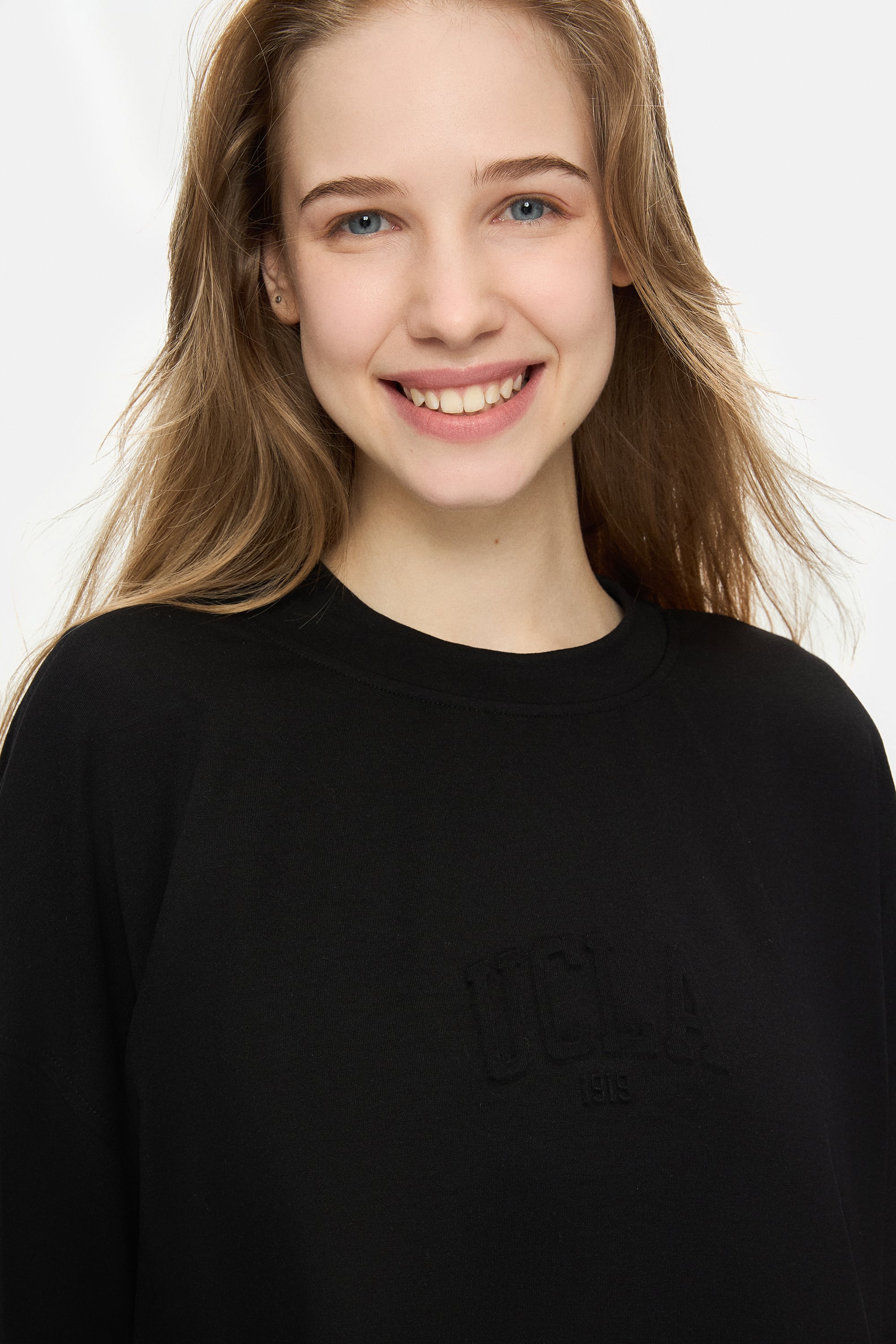 JAYLA Siyah Bisiklet Yaka Gofre Baskı Loose Fit Kadın Tshirt