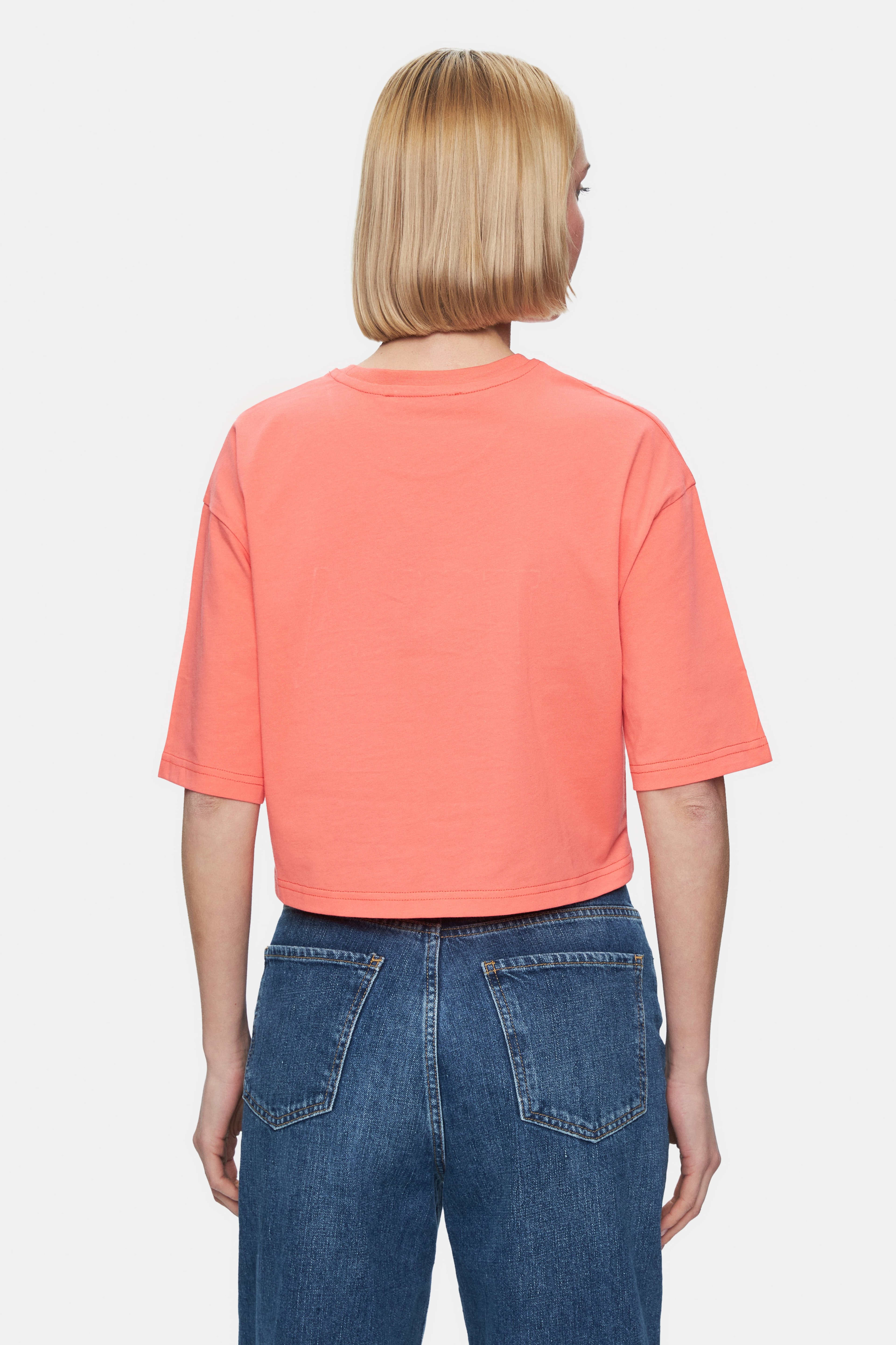 HELENA Sıcak Pembe Bisiklet Yaka Nakışlı Oversize Kadın Tshirt