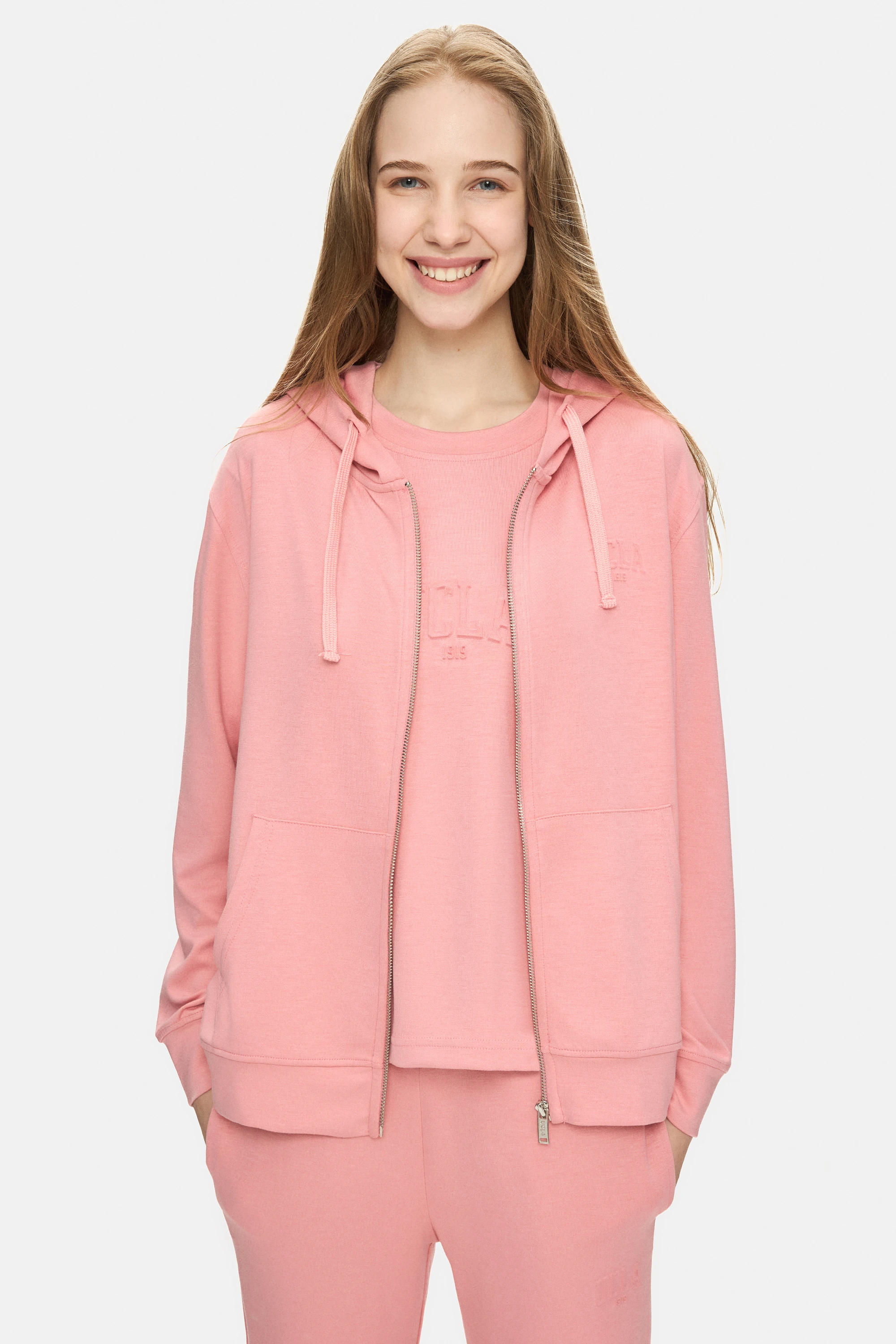 ALLURA Pembe Kapüşonlu Gofre Baskılı Modal Kumaş Loose Fit Kadın Sweatshirt