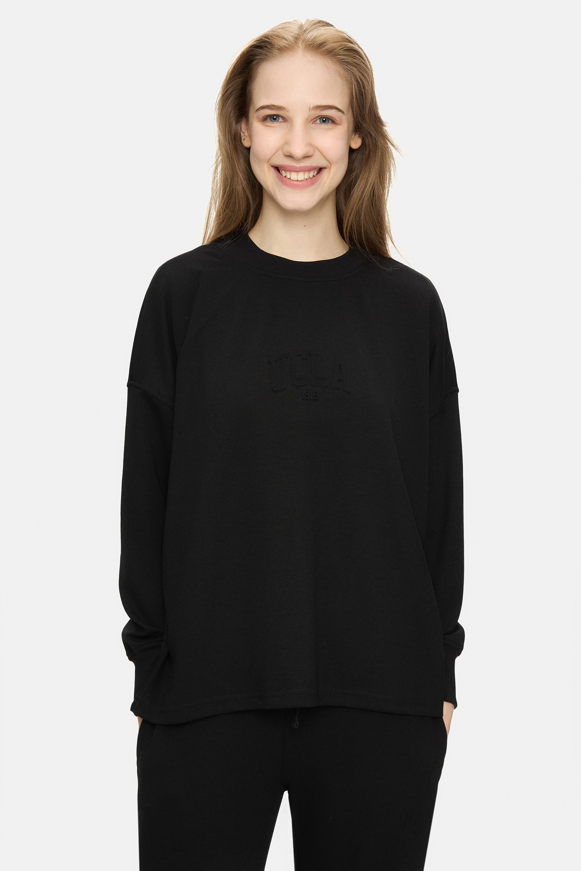 ELOWEN Siyah Bisiklet Yaka Gofre Baskı Loose Fit Kadın Sweatshirt