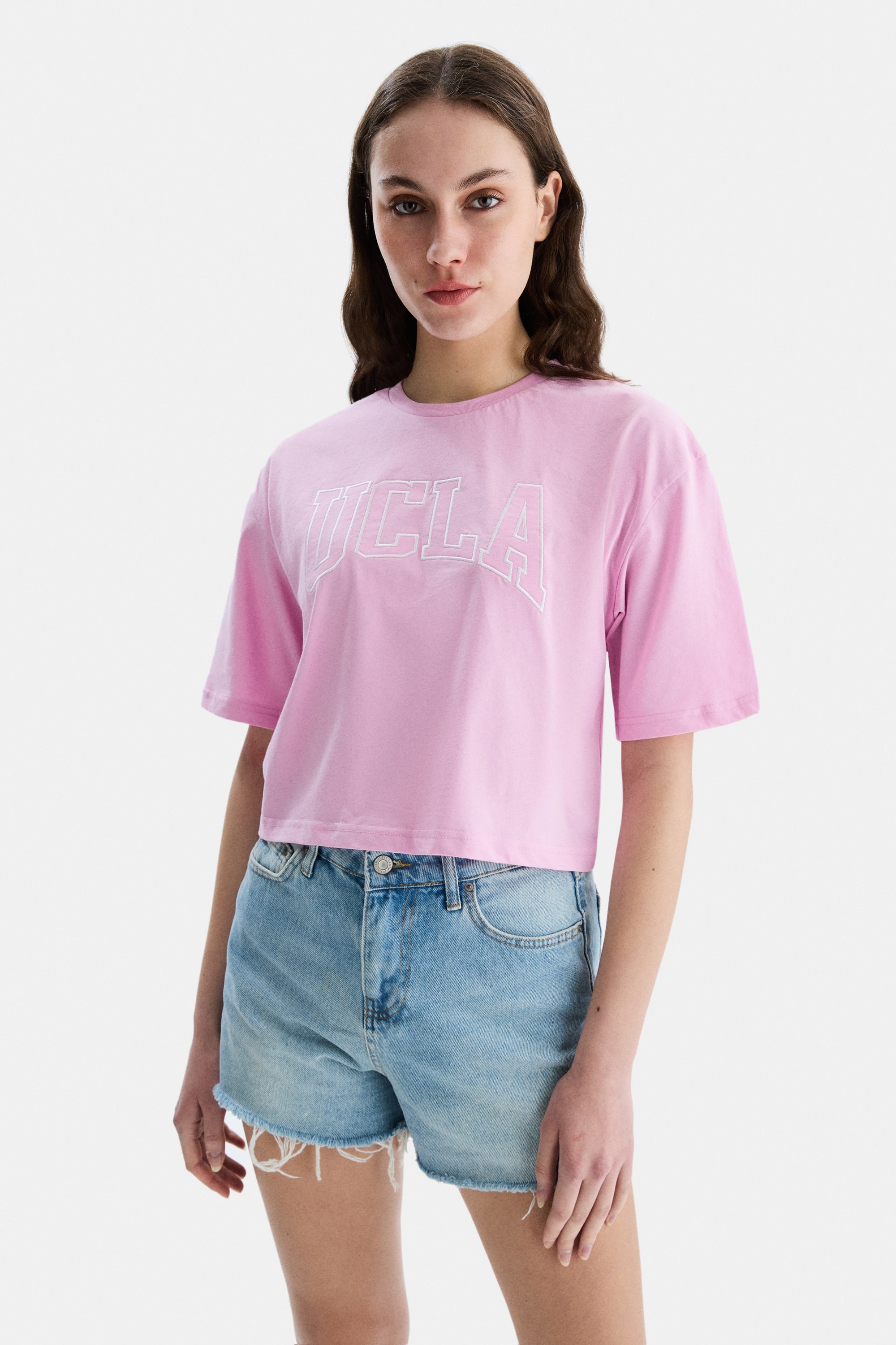 HELENA Pembe Bisiklet Yaka Oversize Crop Nakışlı Oversize Kadın Tshirt