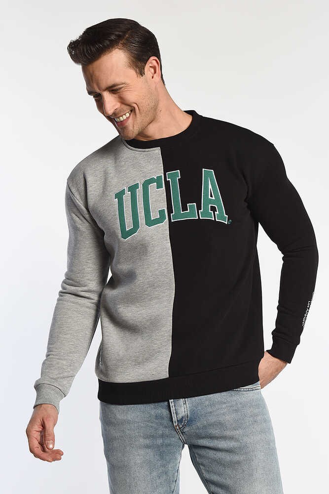 REDDLEY Siyah Bisiklet Yaka Aplikeli Standard Fit Erkek Sweatshirt