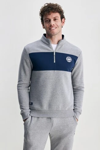 KHAL Gri Yarım Fermuarlı Kauçuklu Şardonlu Dik Yaka Standard Fit Erkek Sweatshirt