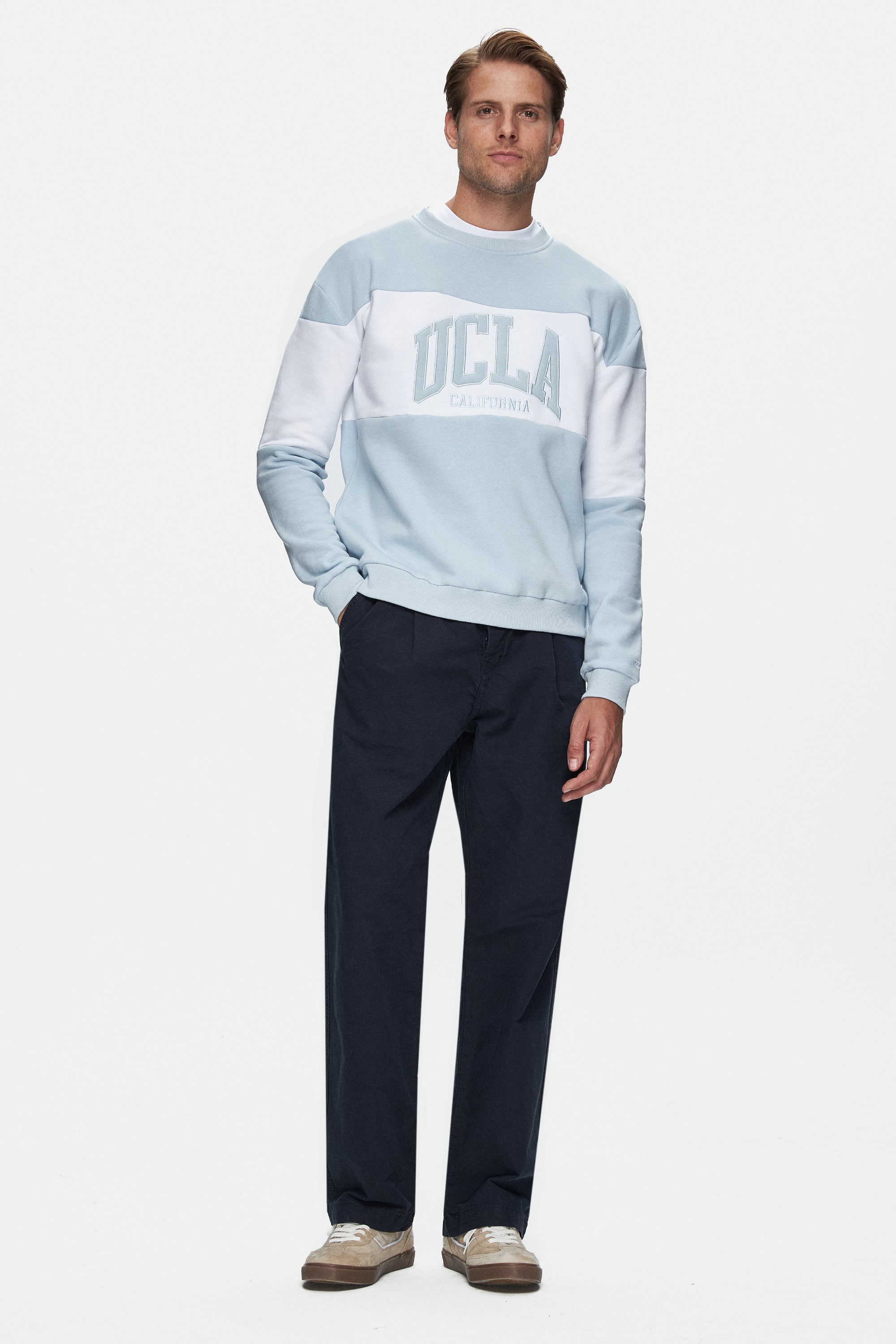 ARCHER Mavi Bisiklet Yaka Nakışlı Şardonlu Loose Fit Erkek Sweatshirt