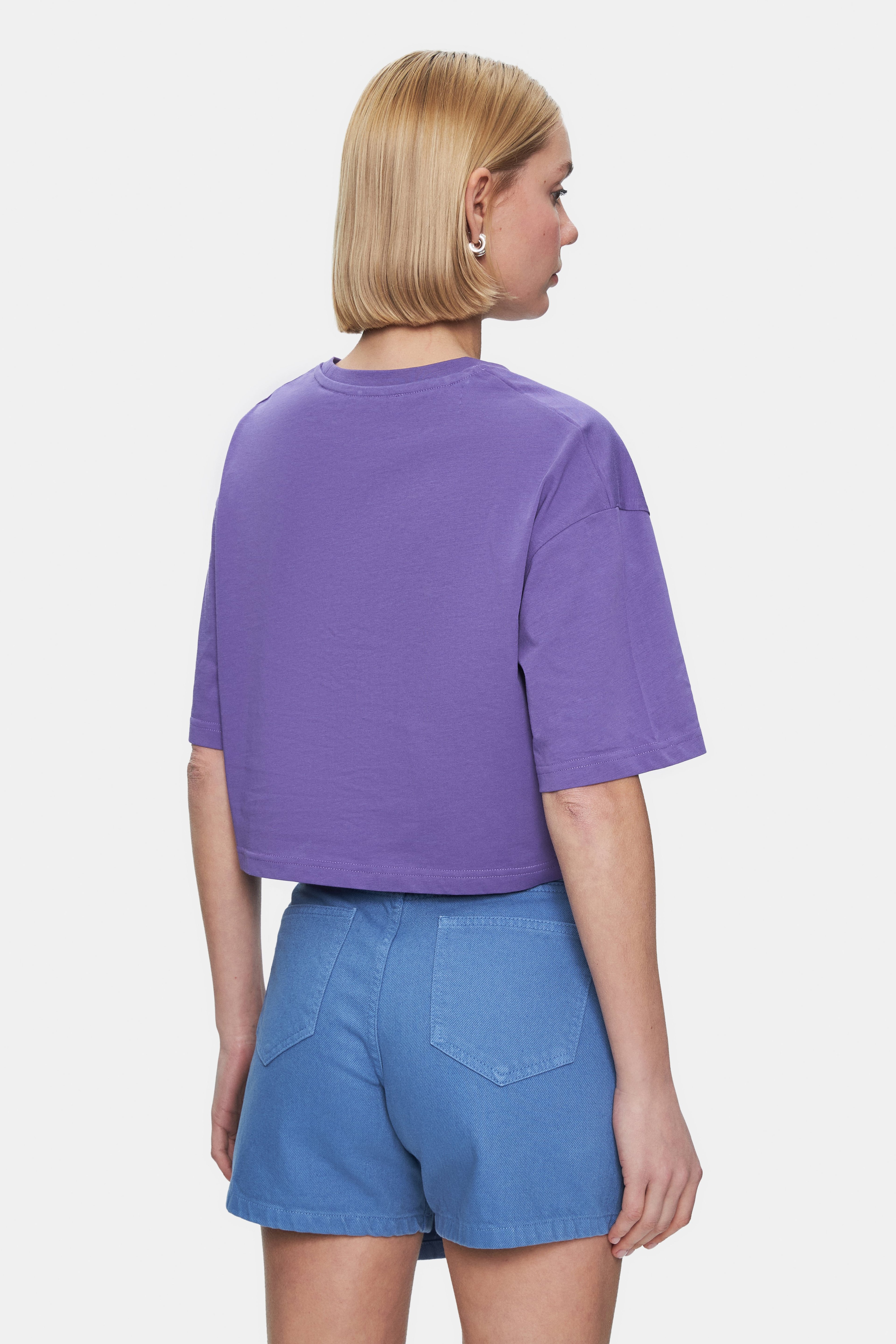 INDIANA Mor Bisiklet Yaka Crop Baskılı Loose Fit Kadın Tshirt