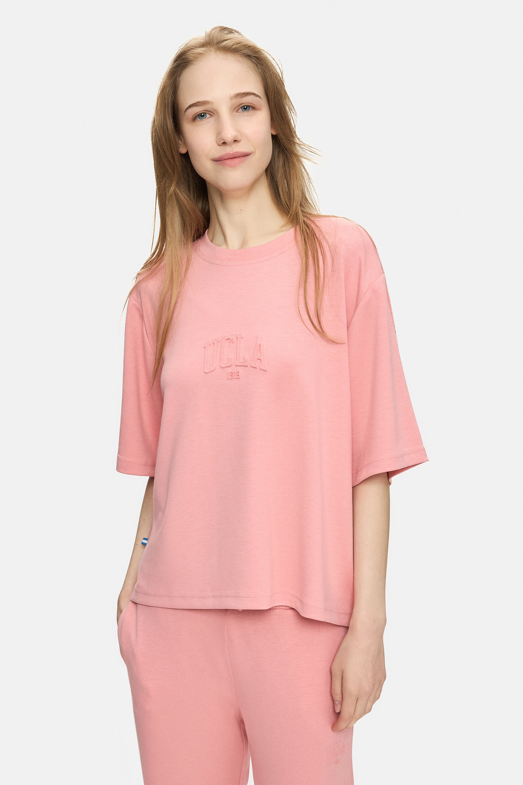 JAYLA Pembe Bisiklet Yaka Gofre Baskılı Modal Kumaş Loose Fit Kadın Tshirt