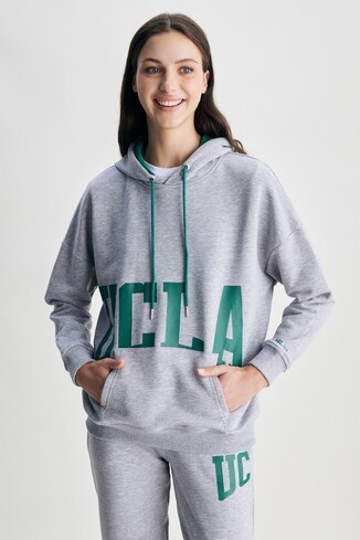 ELLEN Gri Kapüşonlu Baskılı Oversize Kadın Sweatshirt