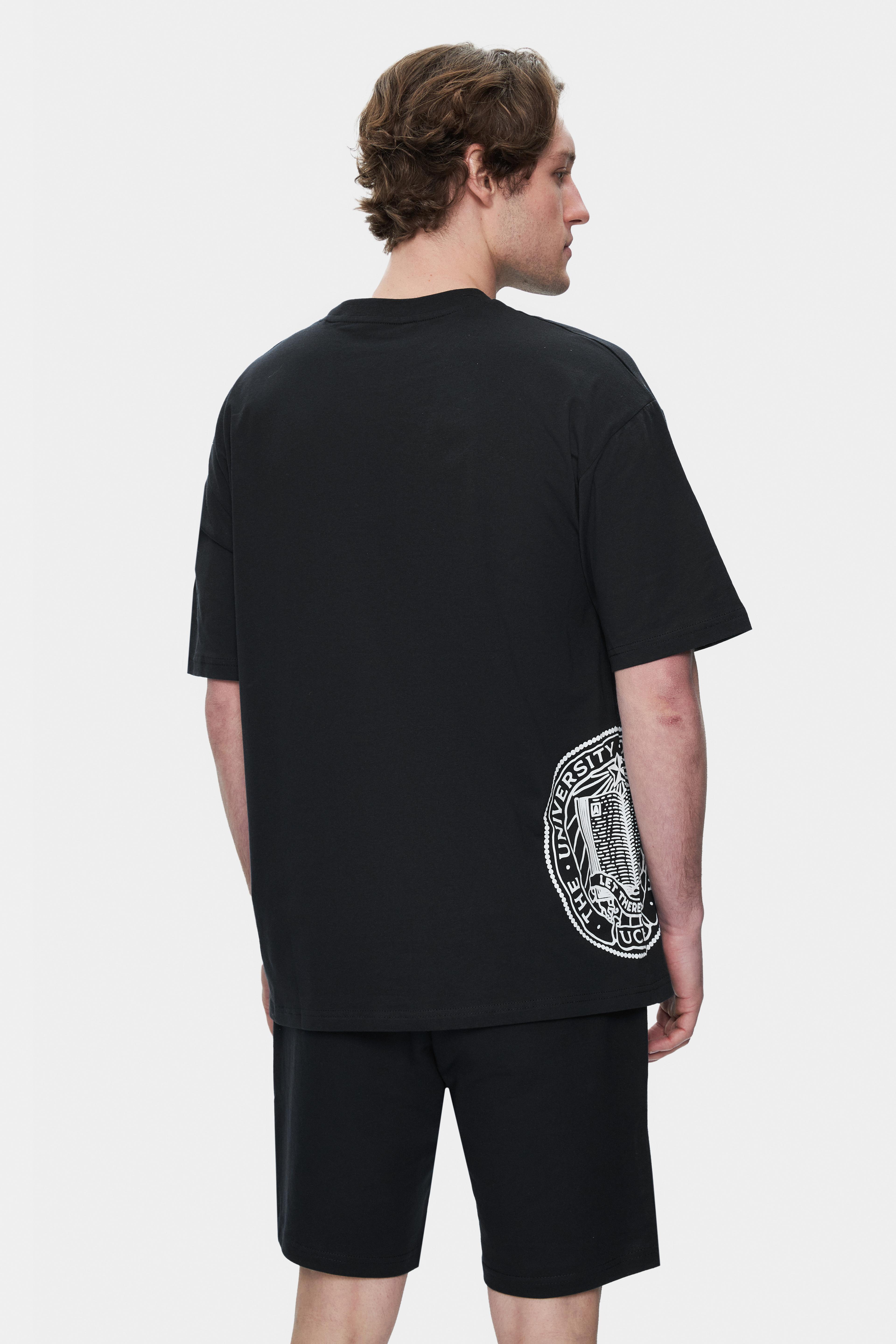 IGNISO Siyah Bisiklet Yaka Baskılı Oversize Erkek Tshirt
