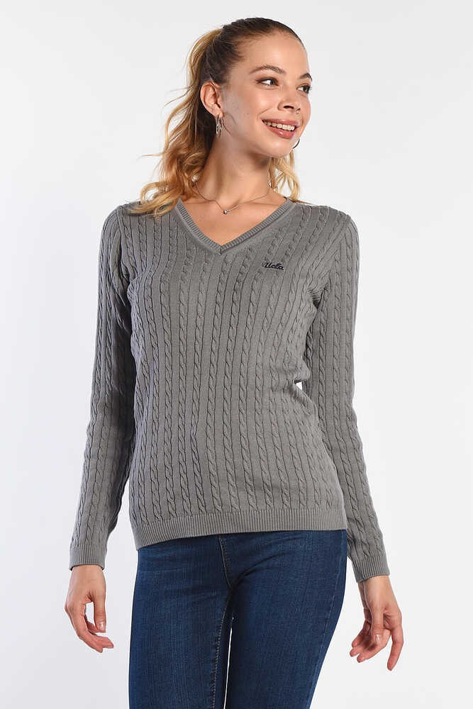 CREST Gri Saç Örgü Nakışlı Standard Fit Kadın Triko