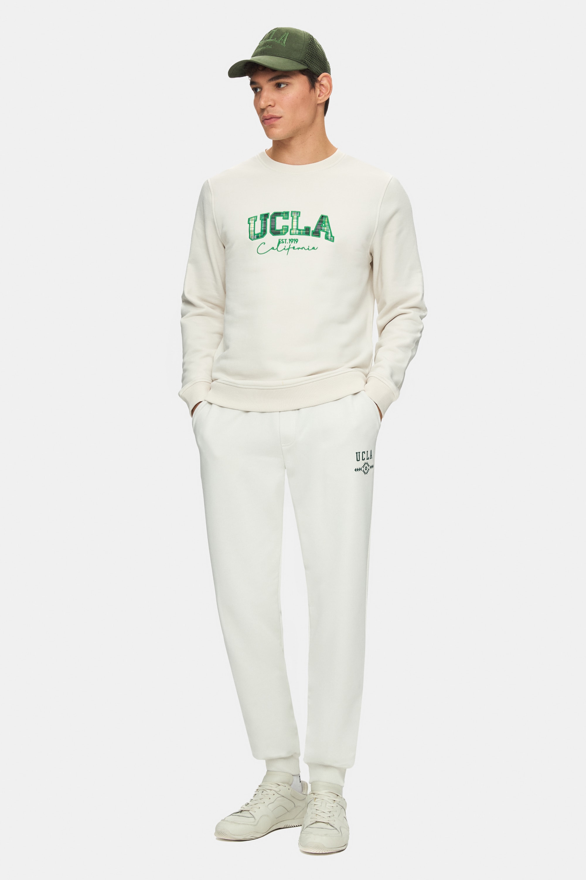 MATTY Kemik Rengi Bisiklet Yaka Ekose Nakışlı Loose Fit Erkek Sweatshirt