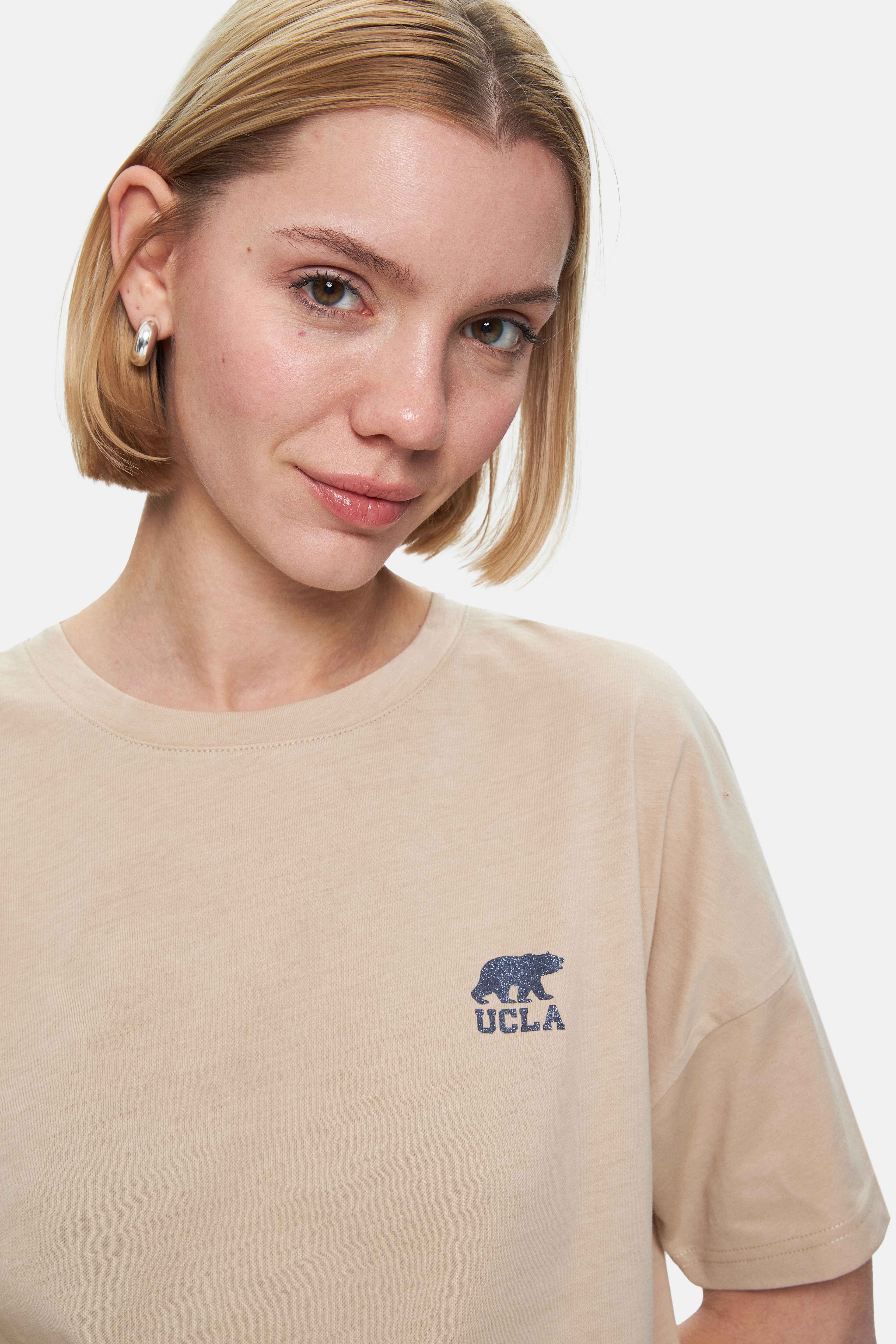 KENZIE Açık Kahve Bisiklet Yaka Baskılı Loose Fit Kadın Tshirt