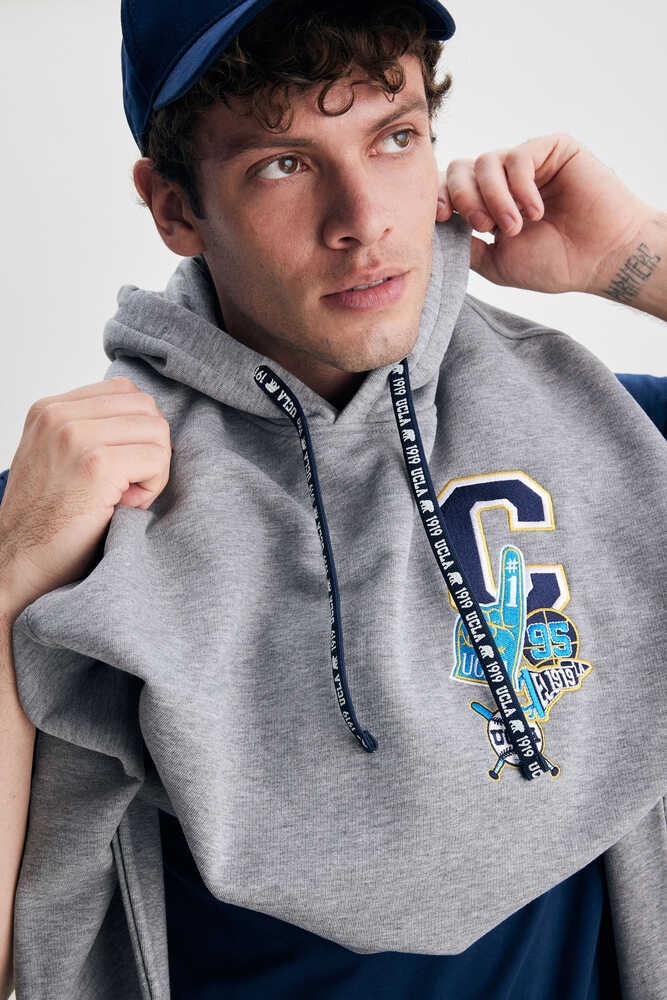 ROSS Gri Kapüşonlu Nakışlı Oversize Erkek Sweatshirt