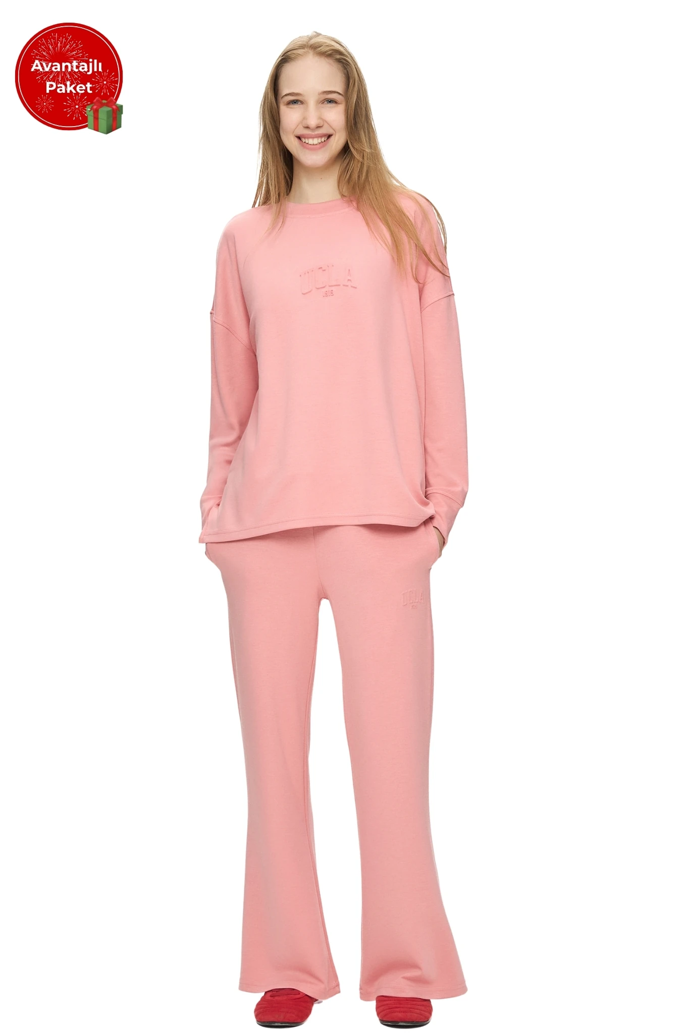 ELOWEN-URANIA Pembe Gofre Baskılı Modal Kumaş Loose Fit Kadın Takım