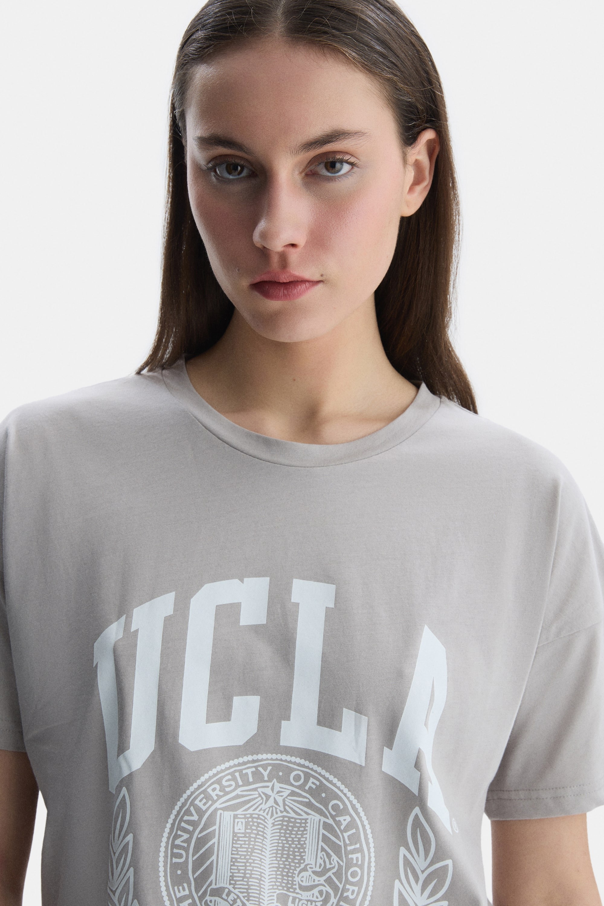 AVALON Gri Bisiklet Yaka Baskılı Oversize Kadın Tshirt