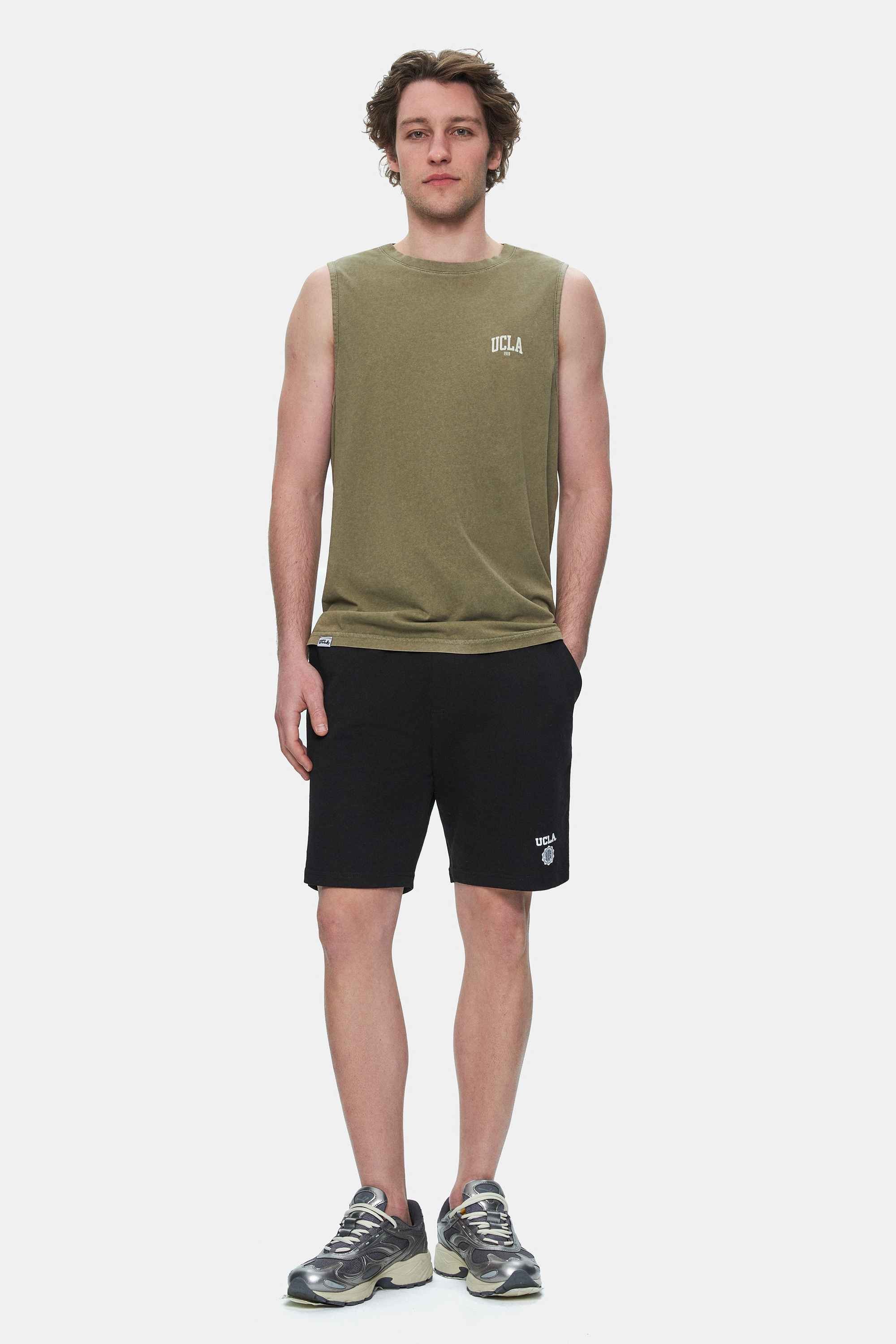 ELTON Koyu Haki Bisiklet Yaka Sıfır Kol Yıkamalı Baskılı Oversize Erkek Tshirt