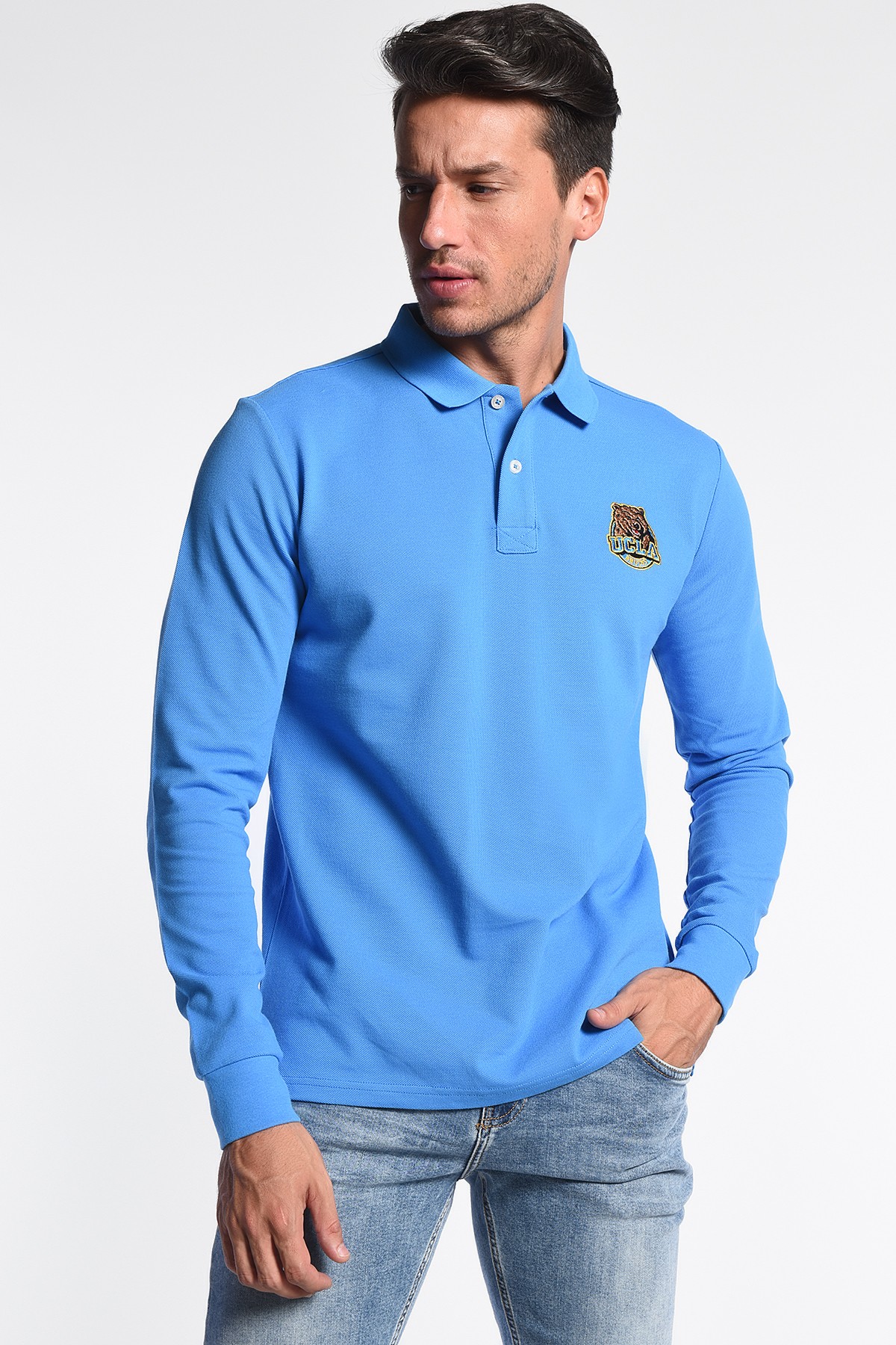 COMPTON Mavi Polo Yaka Nakışlı Standard Fit Erkek Sweatshirt