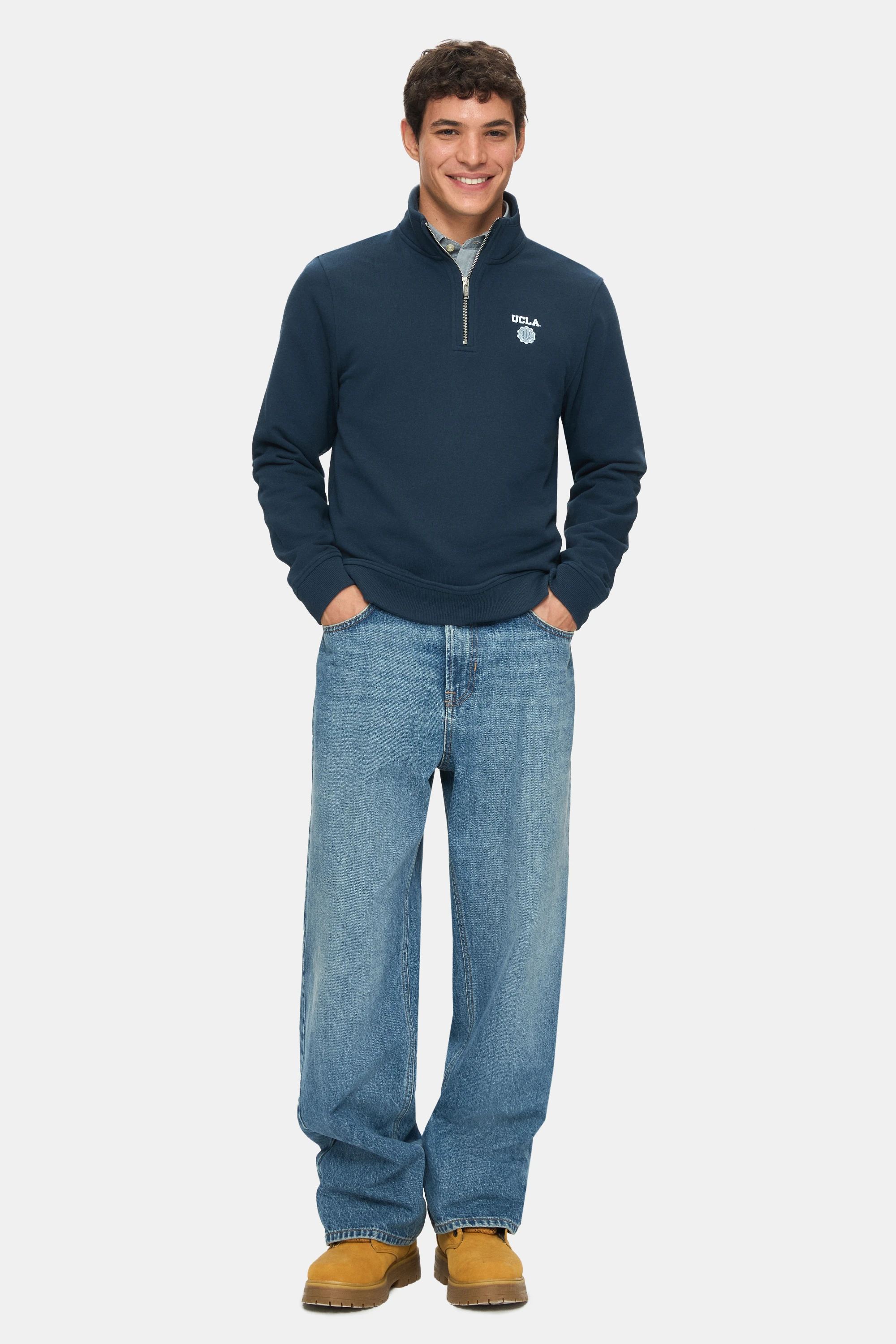 LEON Lacivert Yarım Fermuar Baskılı Dik Yaka Standard Fit Erkek Sweatshirt