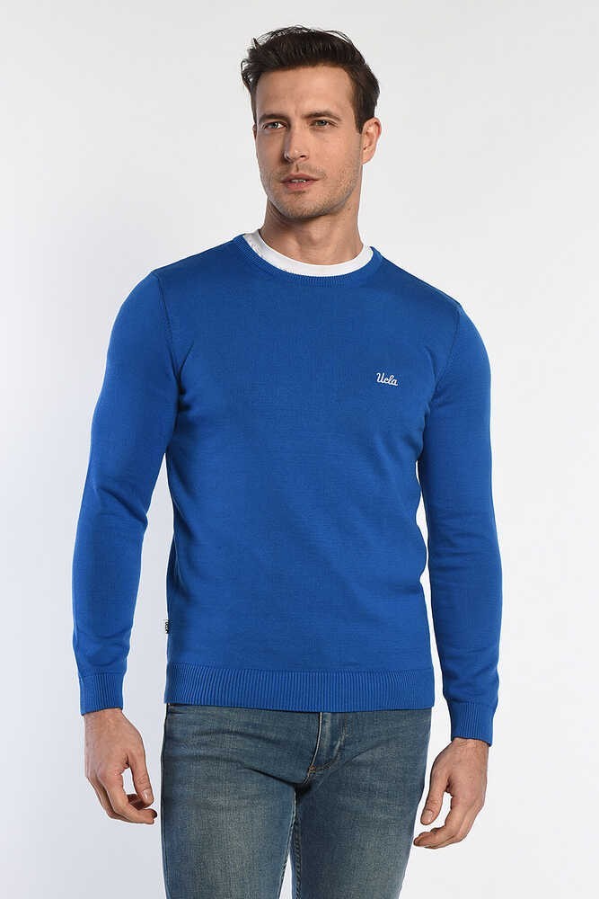 MENTO Mavi Bisiklet Yaka Nakışlı Slim Fit Erkek Triko
