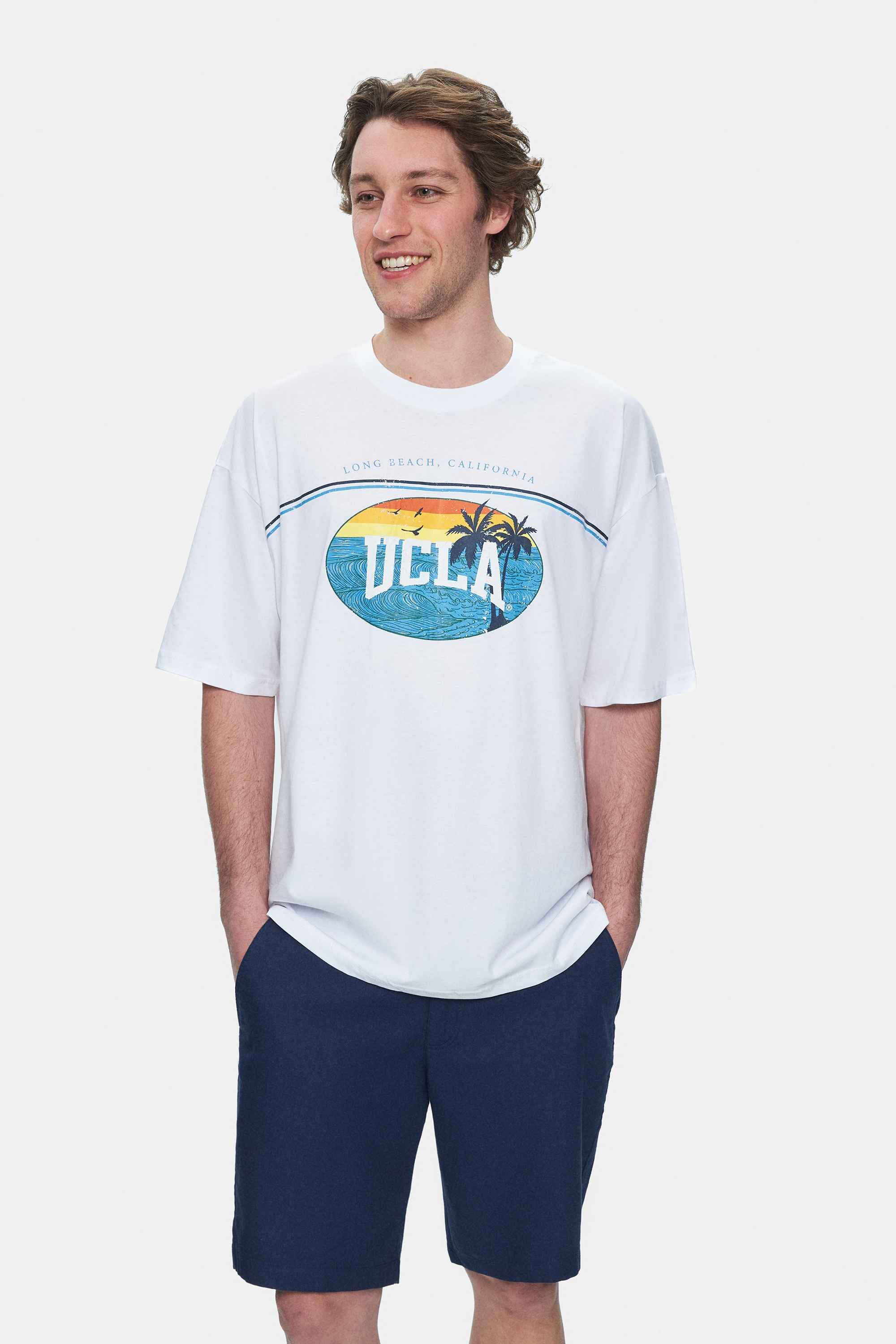 AIRE Beyaz Bisiklet Yaka Baskılı Oversize Erkek Tshirt