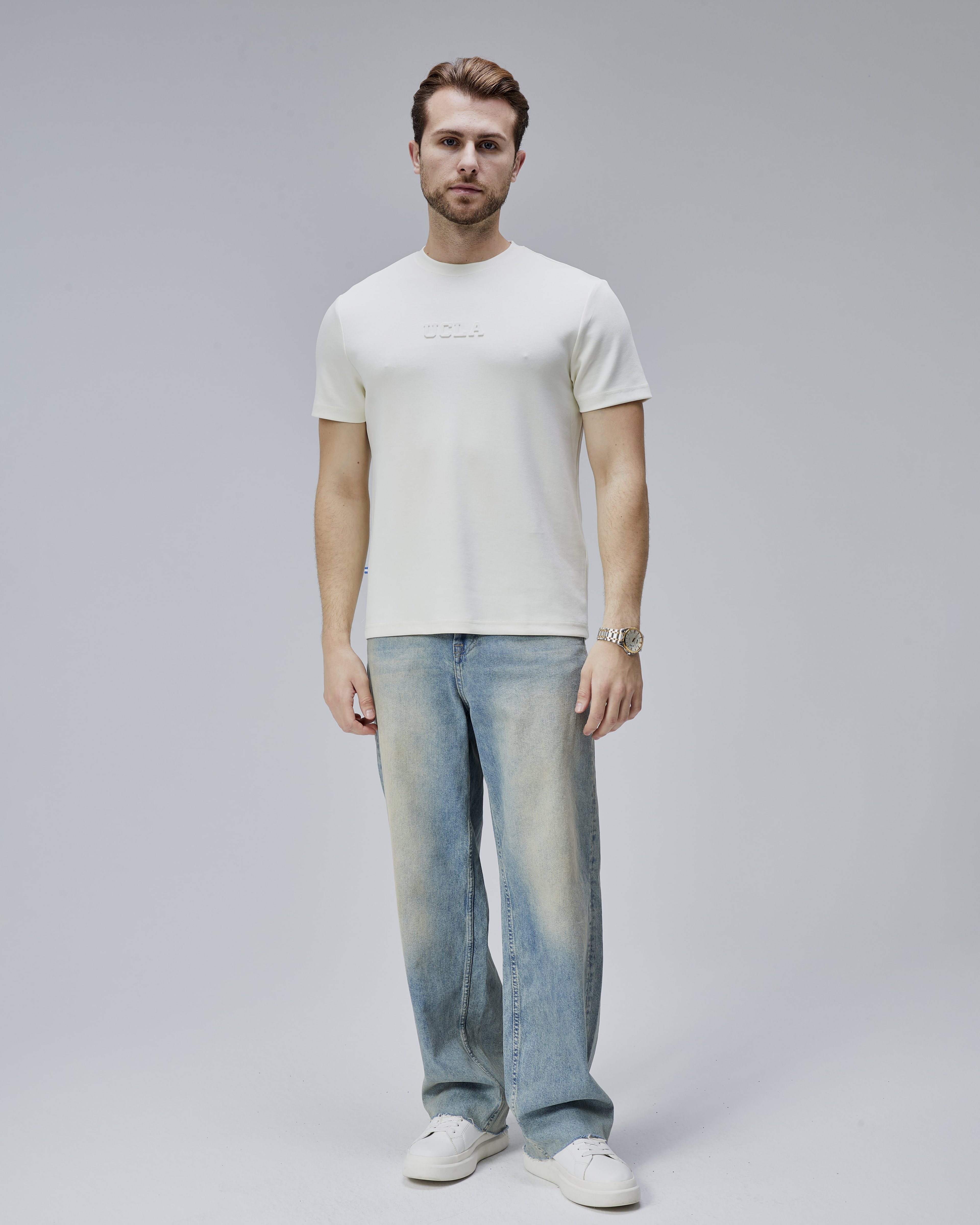 CANARY Kemik Rengi Bisiklet Yaka Gofre Baskılı Modal Kumaş Standard Fit Erkek Tshirt