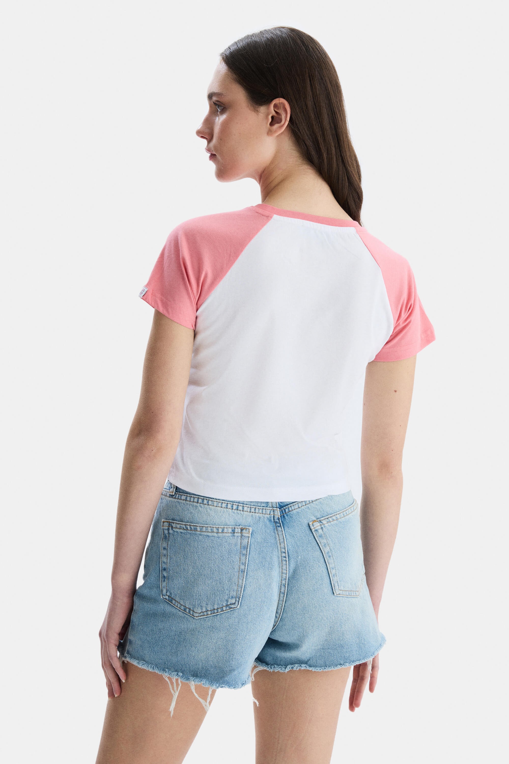 CAROLINA Pembe Bisiklet Yaka Baskılı Standard Fit Kadın Tshirt