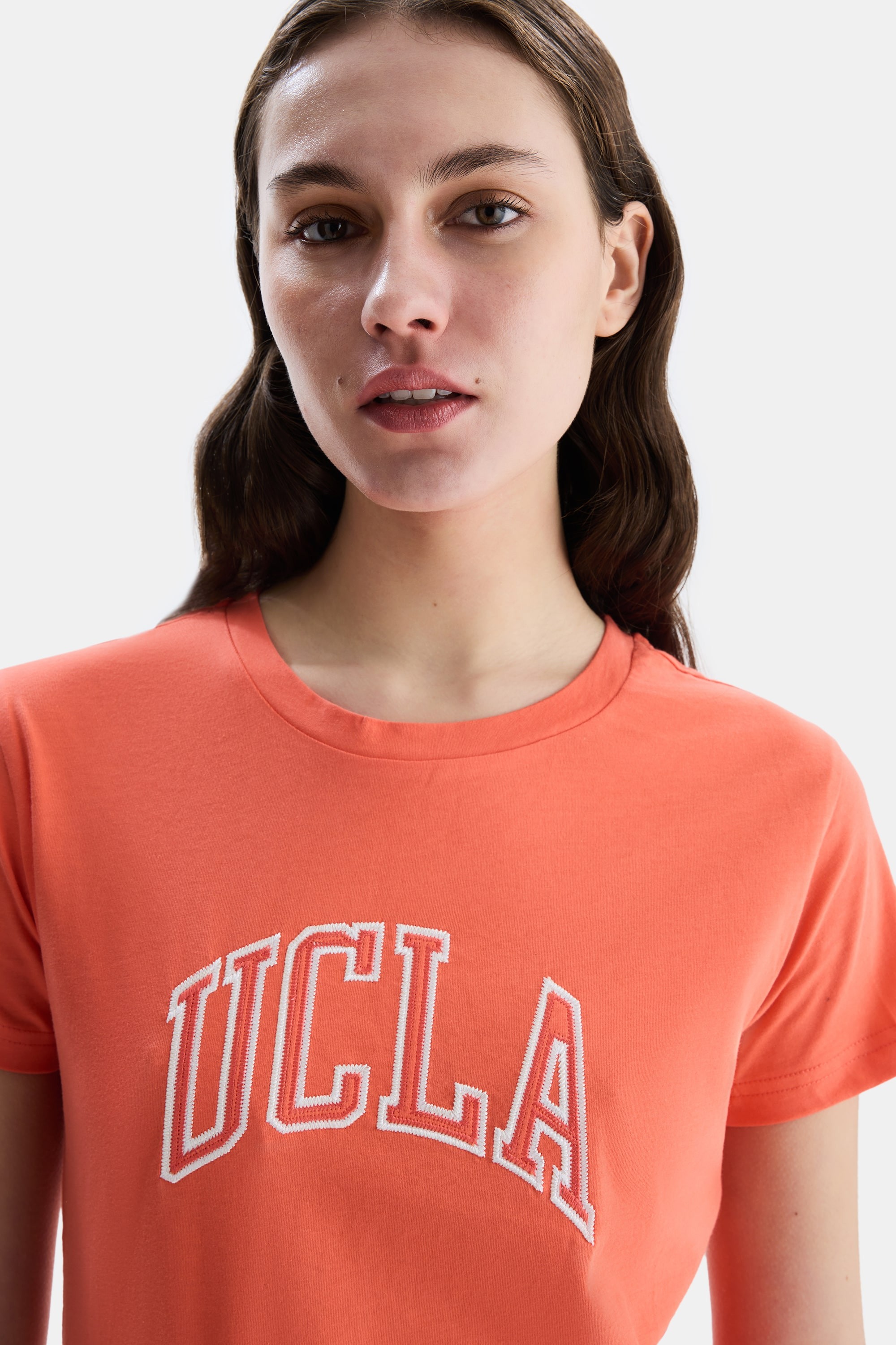ANGELA Pembe Bisiklet Yaka Nakışlı Standard Fit Kadın Tshirt