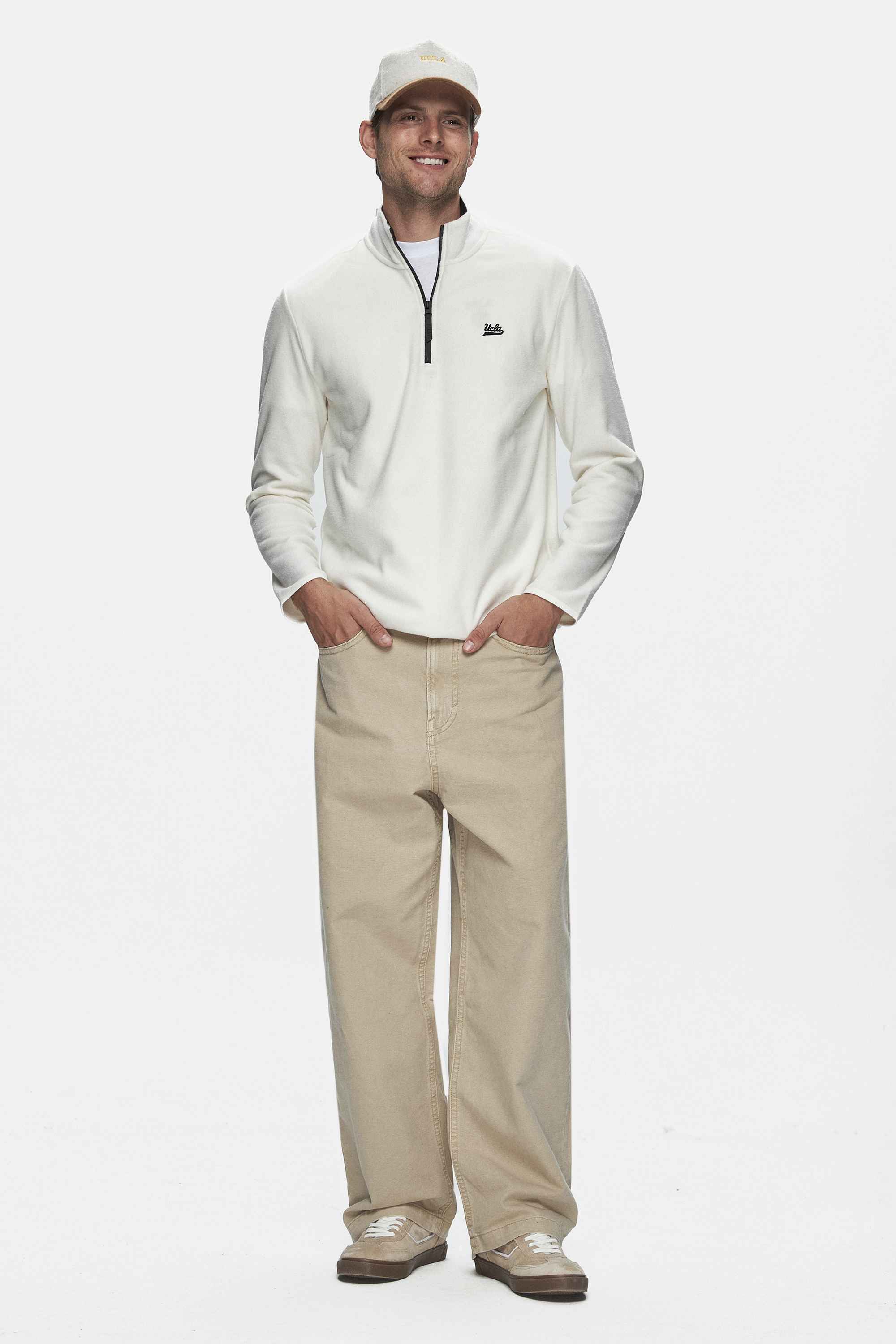 GREMIO Bej Polar Dik Yaka Nakışlı Standard Fit Erkek Sweatshirt