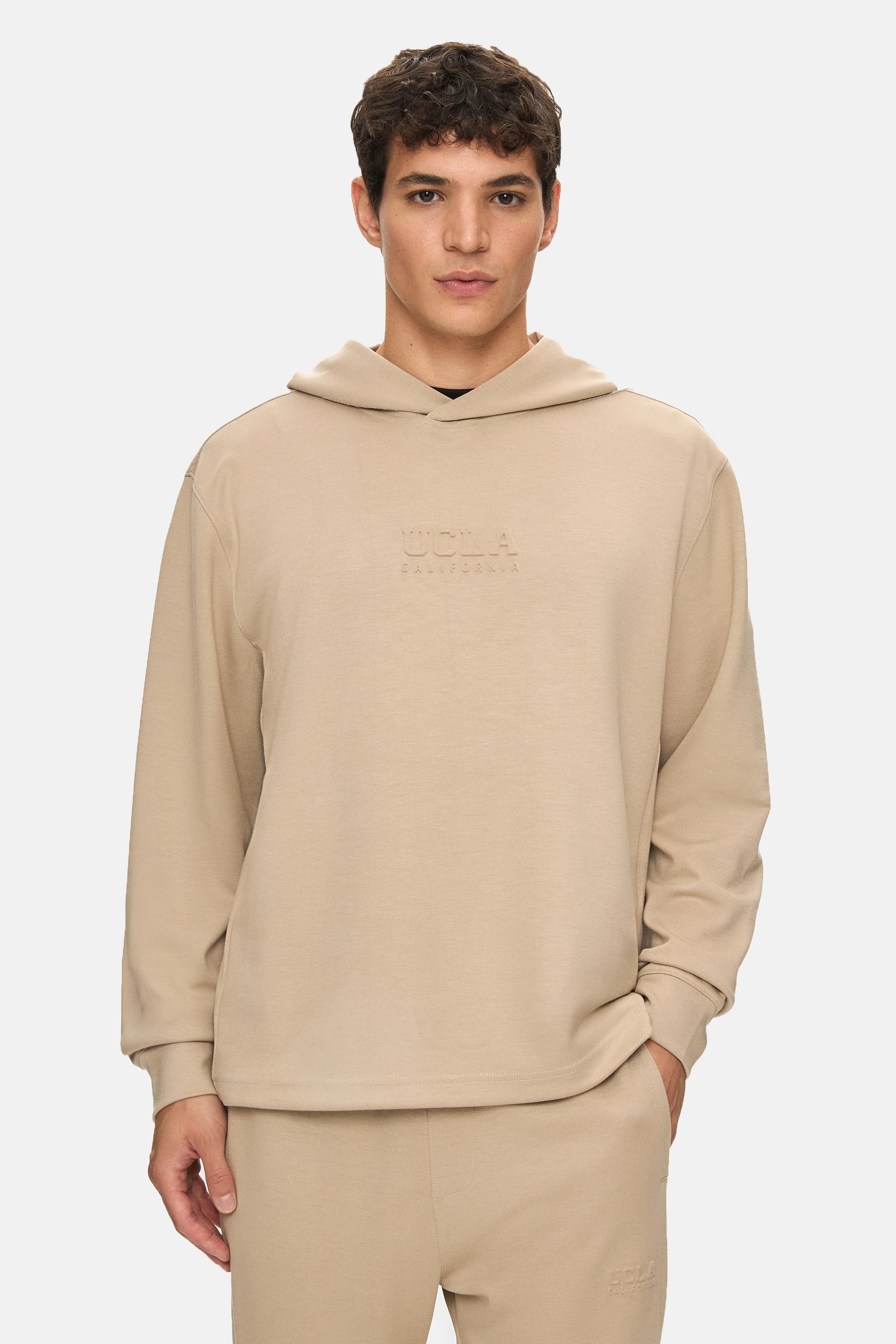 WINFREY Koyu Bej Kapüşonlu Gofre Baskı Standard Fit Erkek Sweatshirt