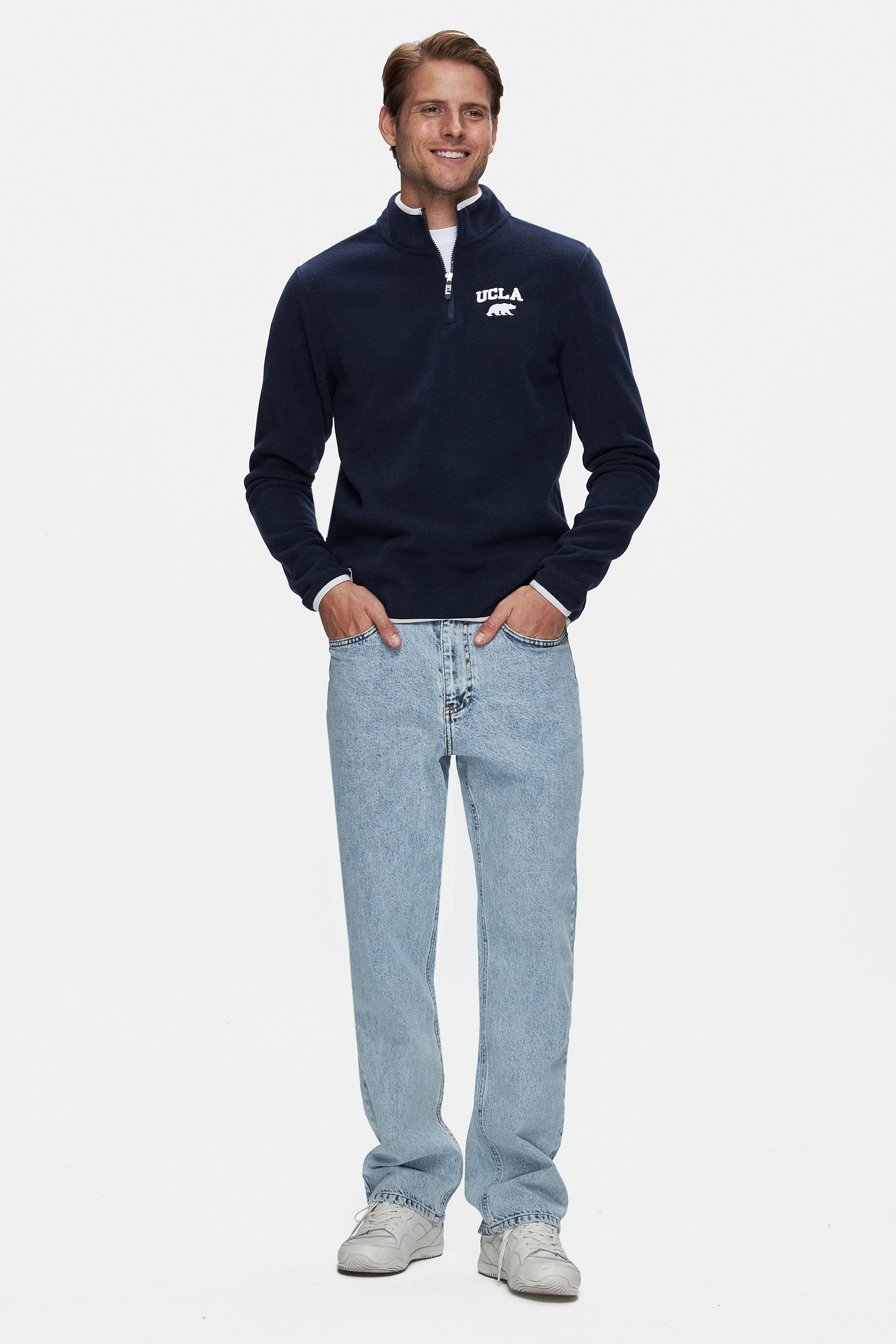 CORNING Koyu Lacivert Yarım Fermuarlı Nakışlı Polar Dik Yaka Standard Fit Erkek Sweatshirt