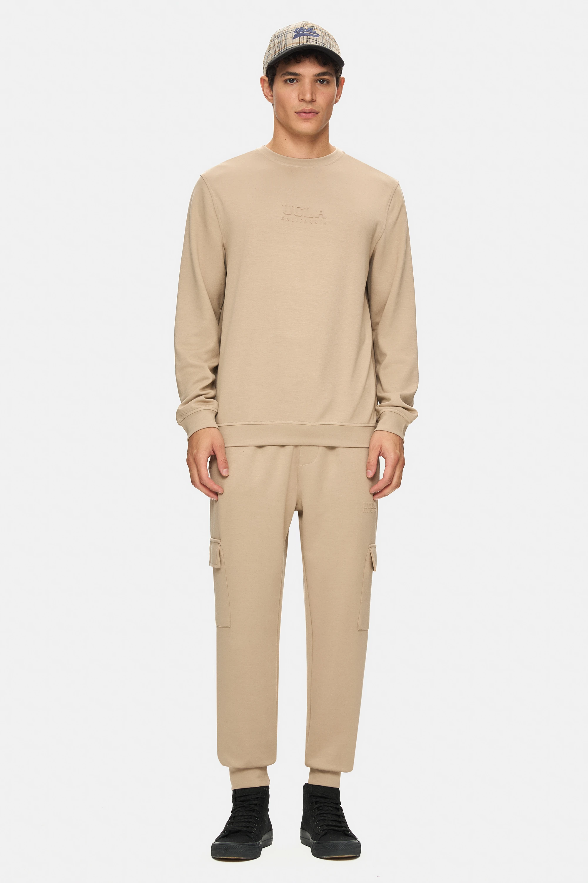 MACHADO Koyu Bej Bisiklet Yaka Gofre Baskılı Modal Kumaş Standard Fit Erkek Sweatshirt