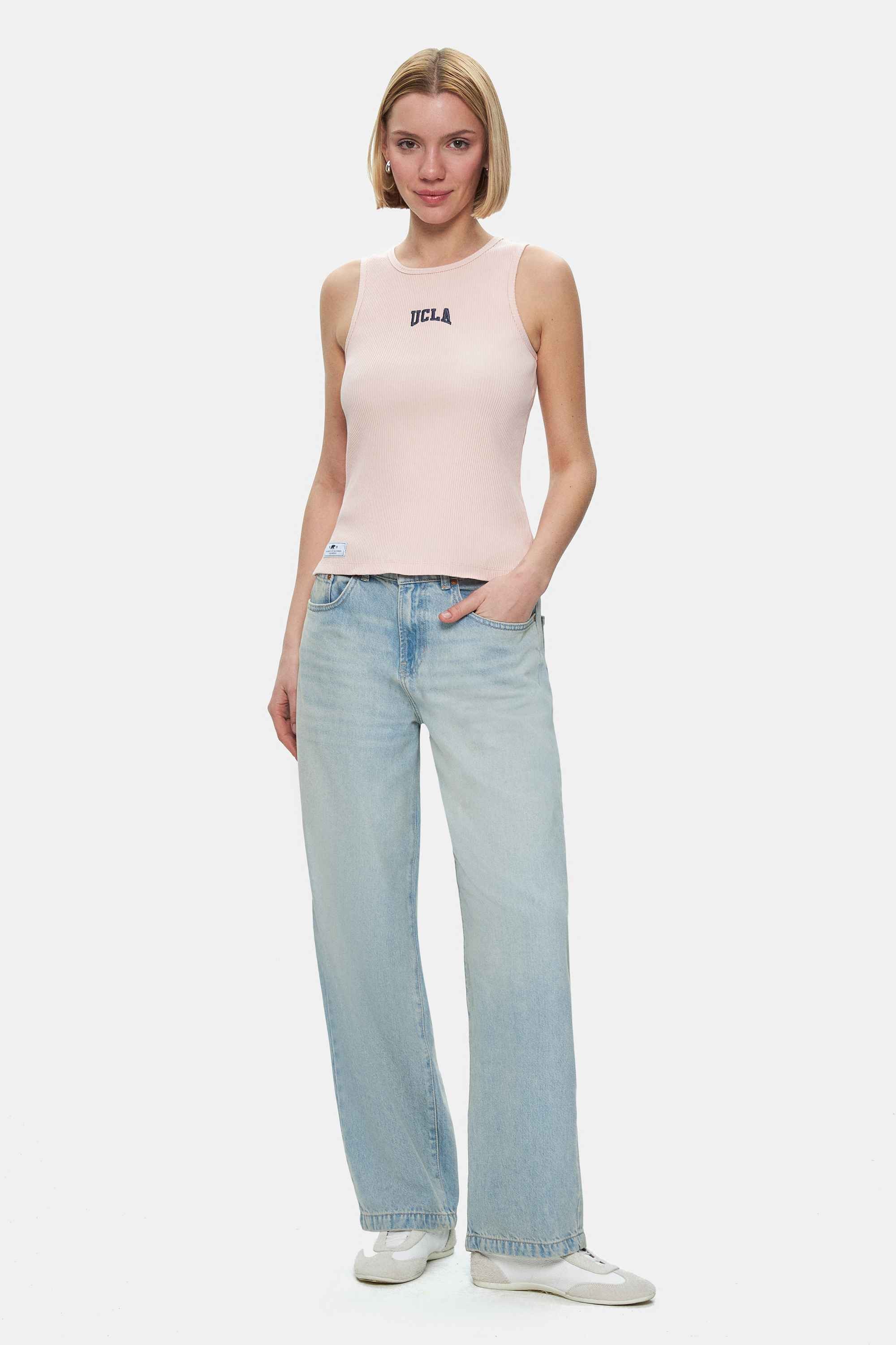 SALINAS Toz Pembe Sıfır Kol Nakışlı Standard Fit Kadın Tshirt
