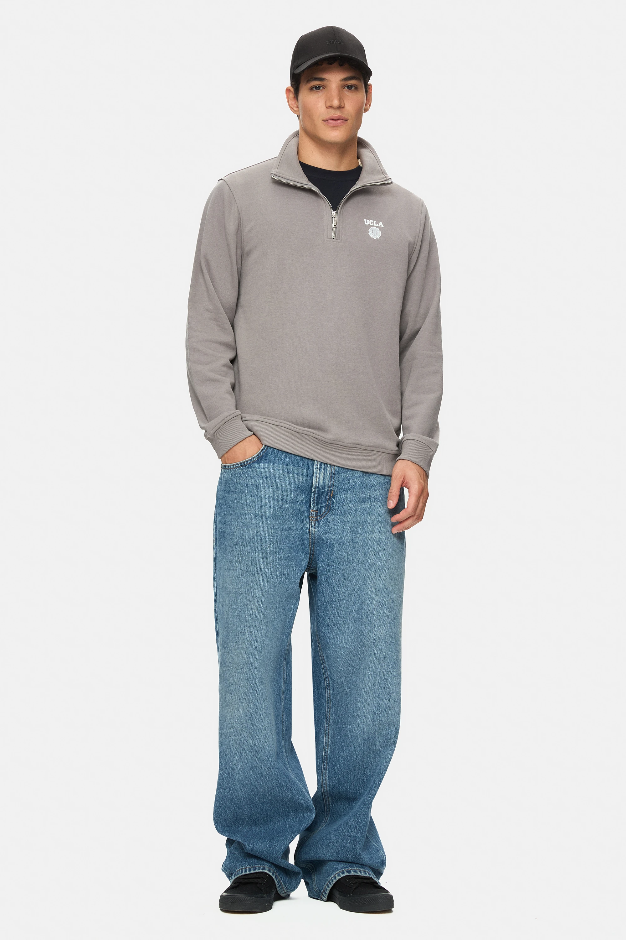 LEON Koyu Gri Yarım Fermuar Baskılı Standard Fit Erkek Sweatshirt