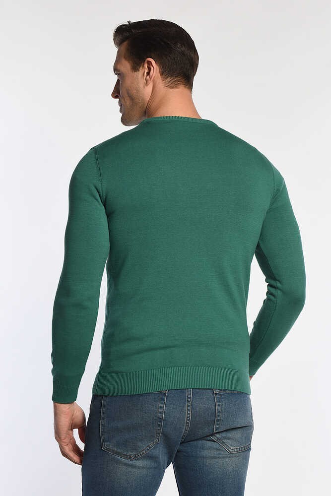 MENTO Yeşil Bisiklet Yaka Nakışlı Slim Fit Erkek Triko