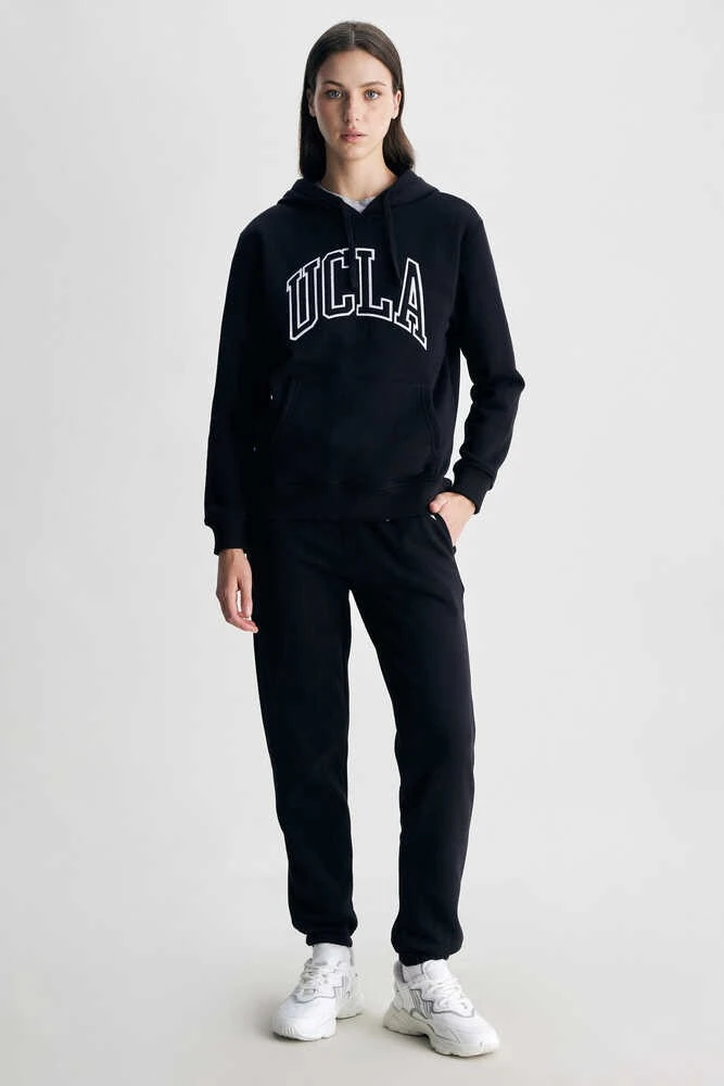 RILEY Siyah Kapüşonlu Şardonlu Nakışlı Standard Fit Kadın Sweatshirt