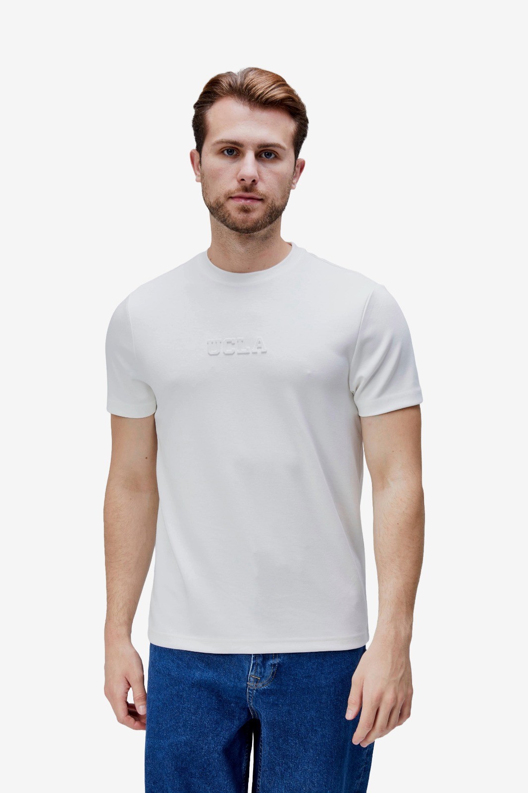 CANARY Beyaz Bisiklet Yaka Gofre Baskılı Modal Kumaş Standard Fit Erkek Tshirt