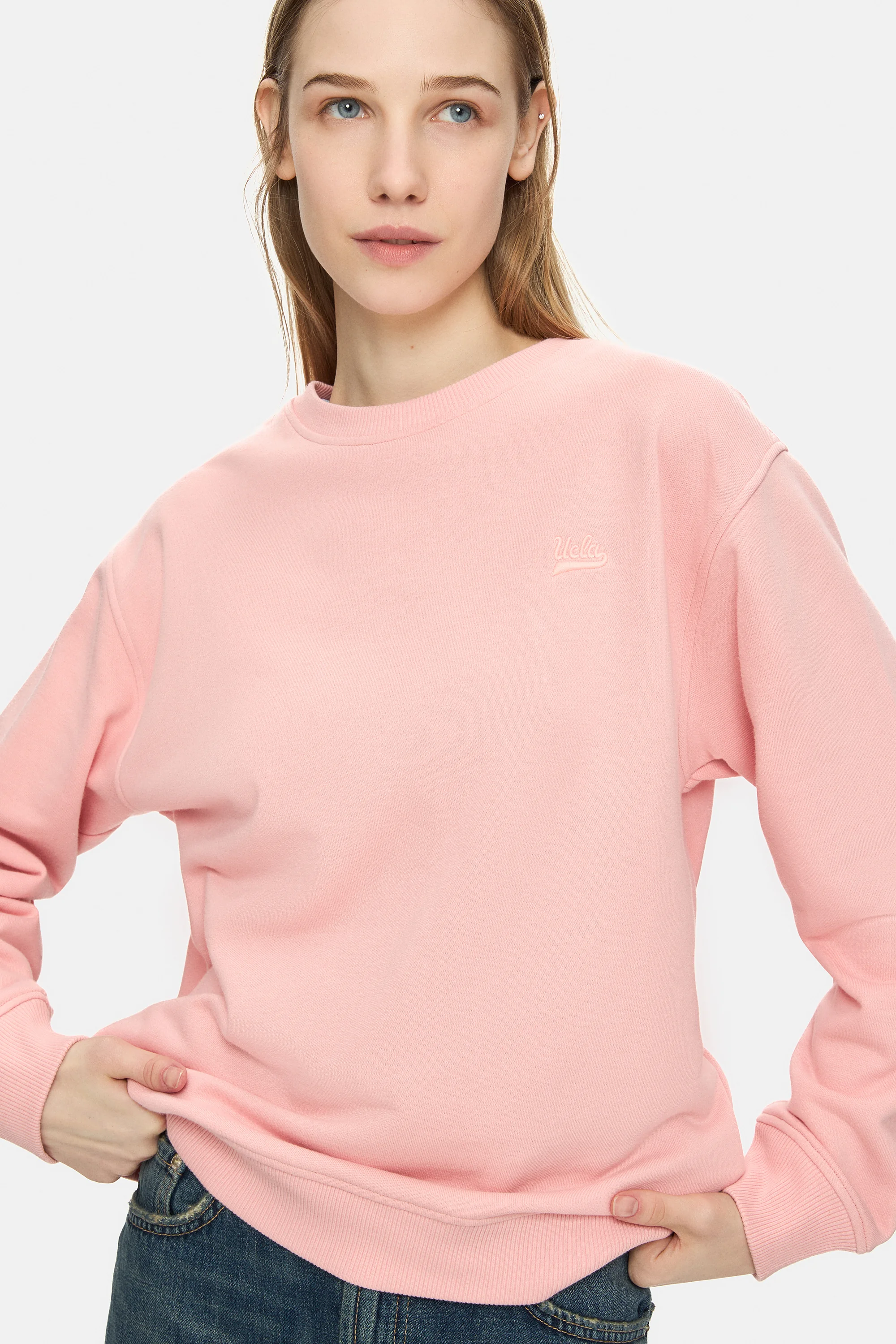 SUNNIVA Pembe Bisiklet Yaka Nakışlı Loose Fit Kadın Sweatshirt