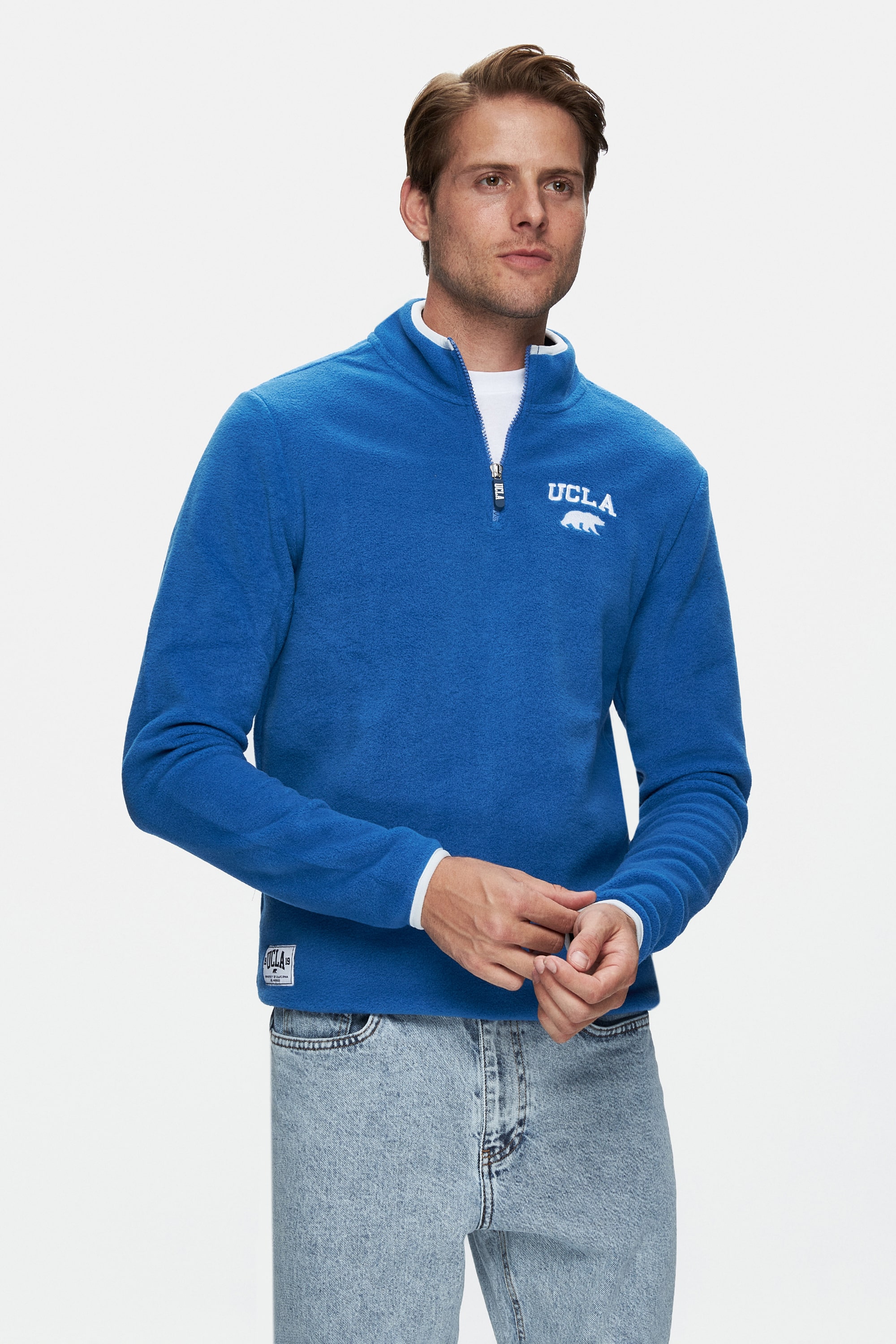 CORNING Mavi Yarım Fermuarlı Nakışlı Polar Dik Yaka Standard Fit Erkek Sweatshirt