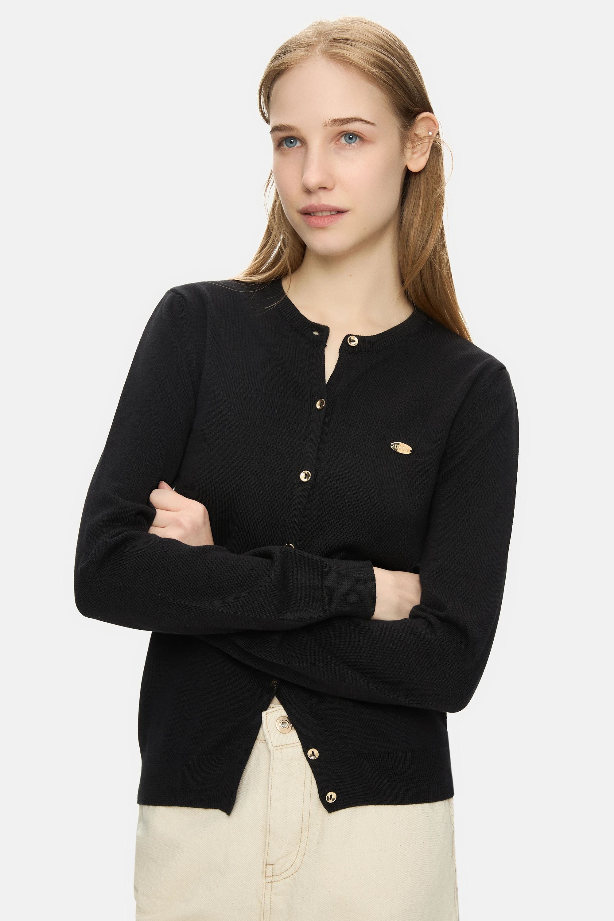 NOVA Siyah Bisiklet Yaka Metal Logololu Standard Fit Kadın Hırka