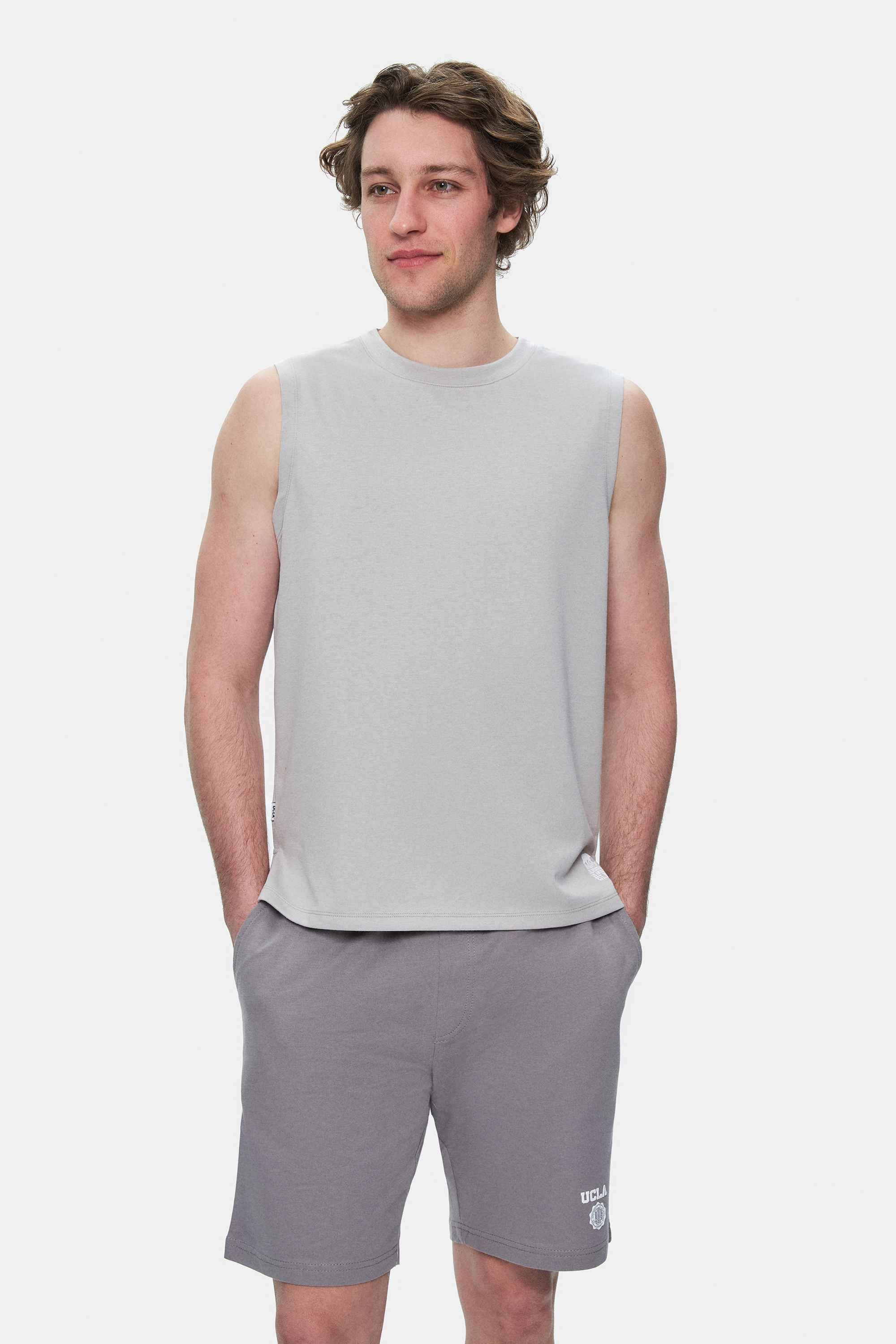 BODHI Açık Gri Bisiklet Yaka Sıfır Kol Baskılı Modal Kumaş Oversize Erkek Tshirt