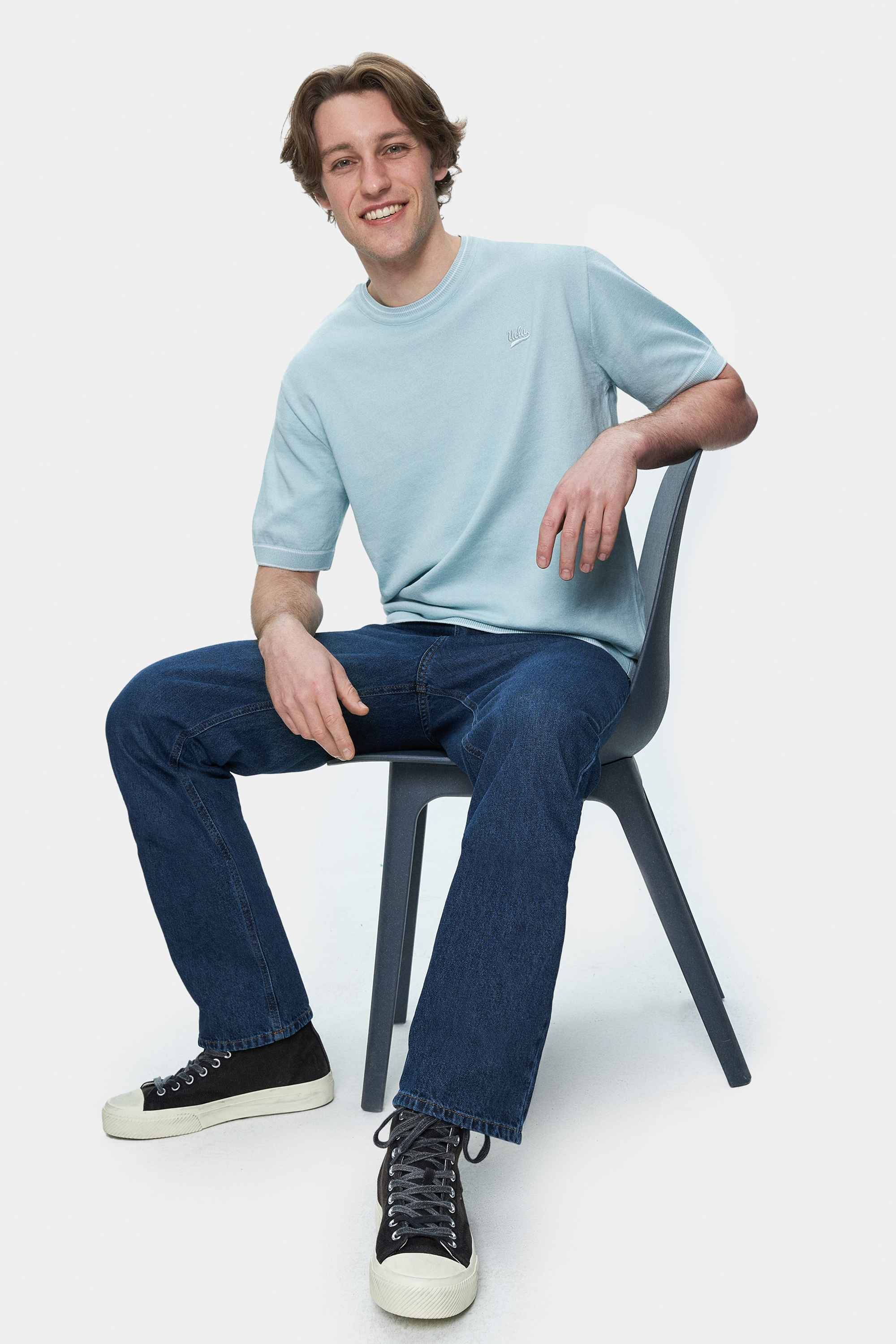 FARED Gök Mavi Bisiklet Yaka Triko Nakışlı Standard Fit Erkek Tshirt